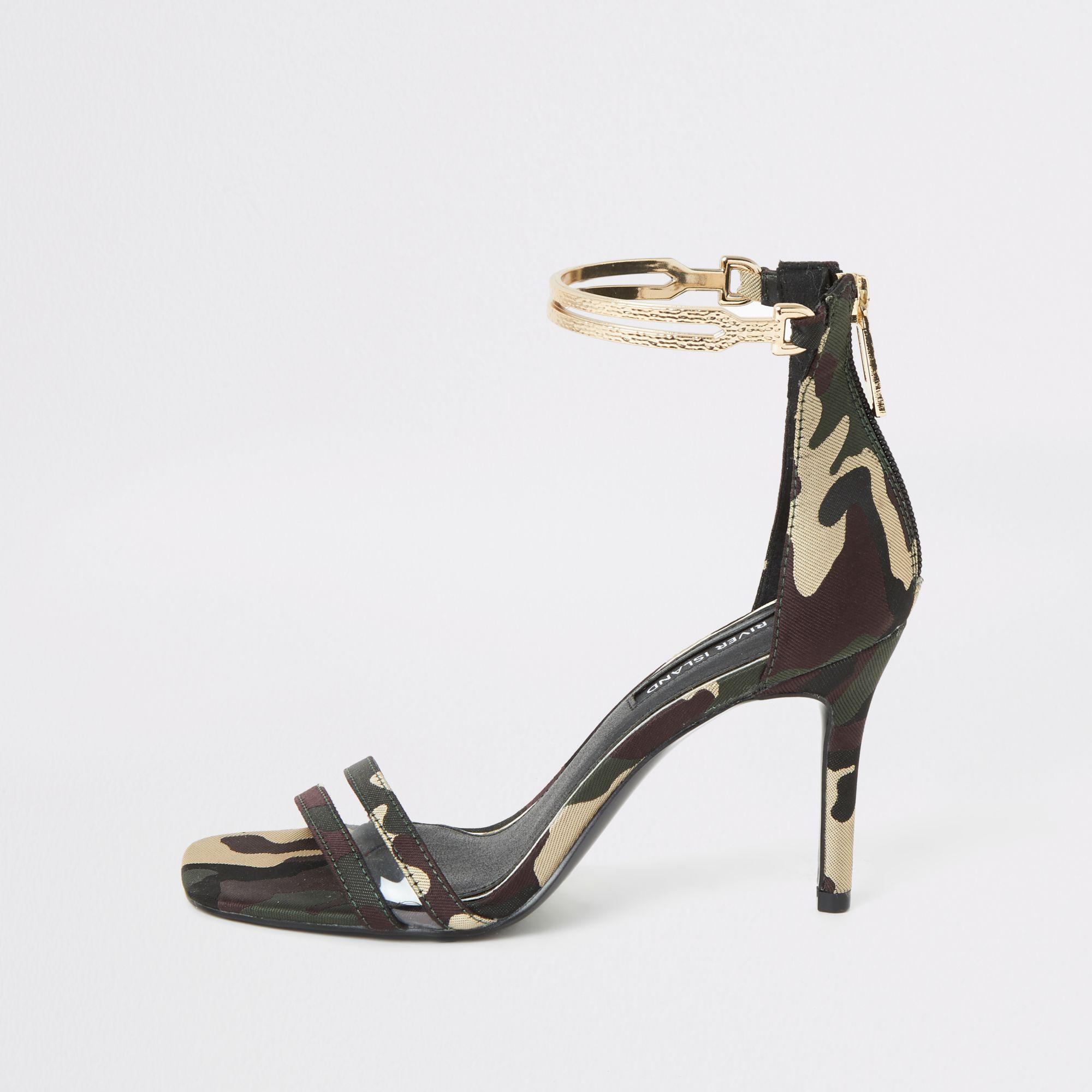 River Island Camo High Heel Gold Ankle Cuff Sandal in Green | Lyst