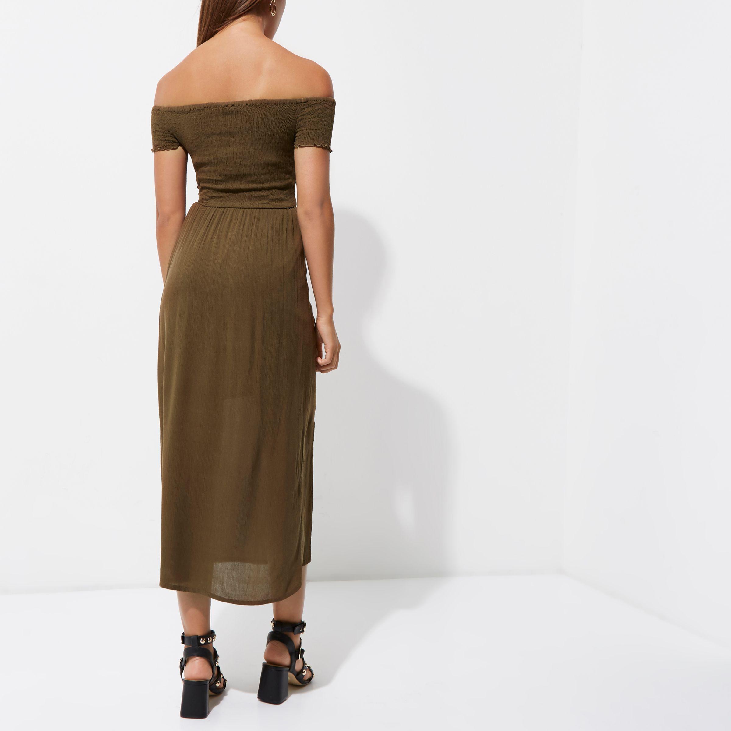 shirred bardot maxi dress