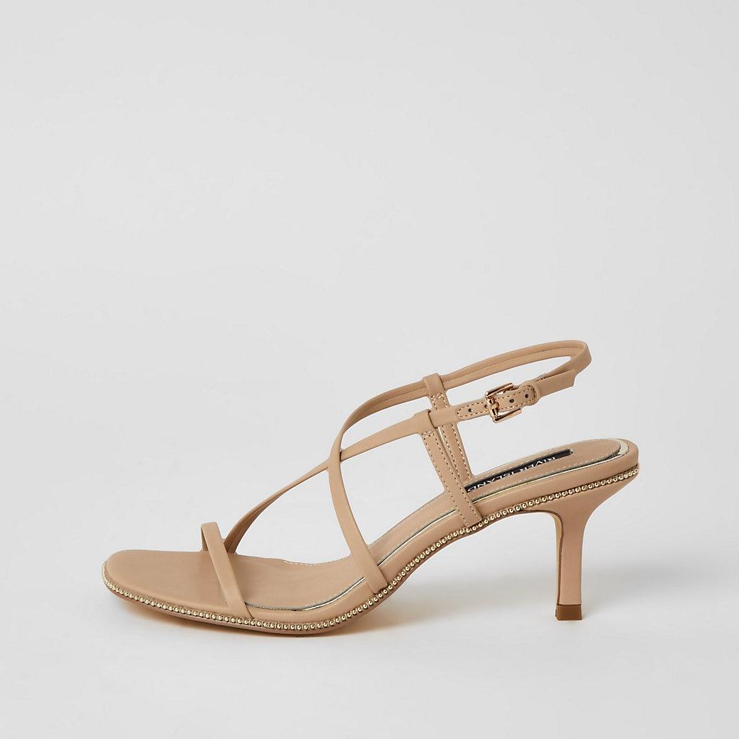 River Island Beige Beaded Strappy Low Heel Sandals in Natural | Lyst