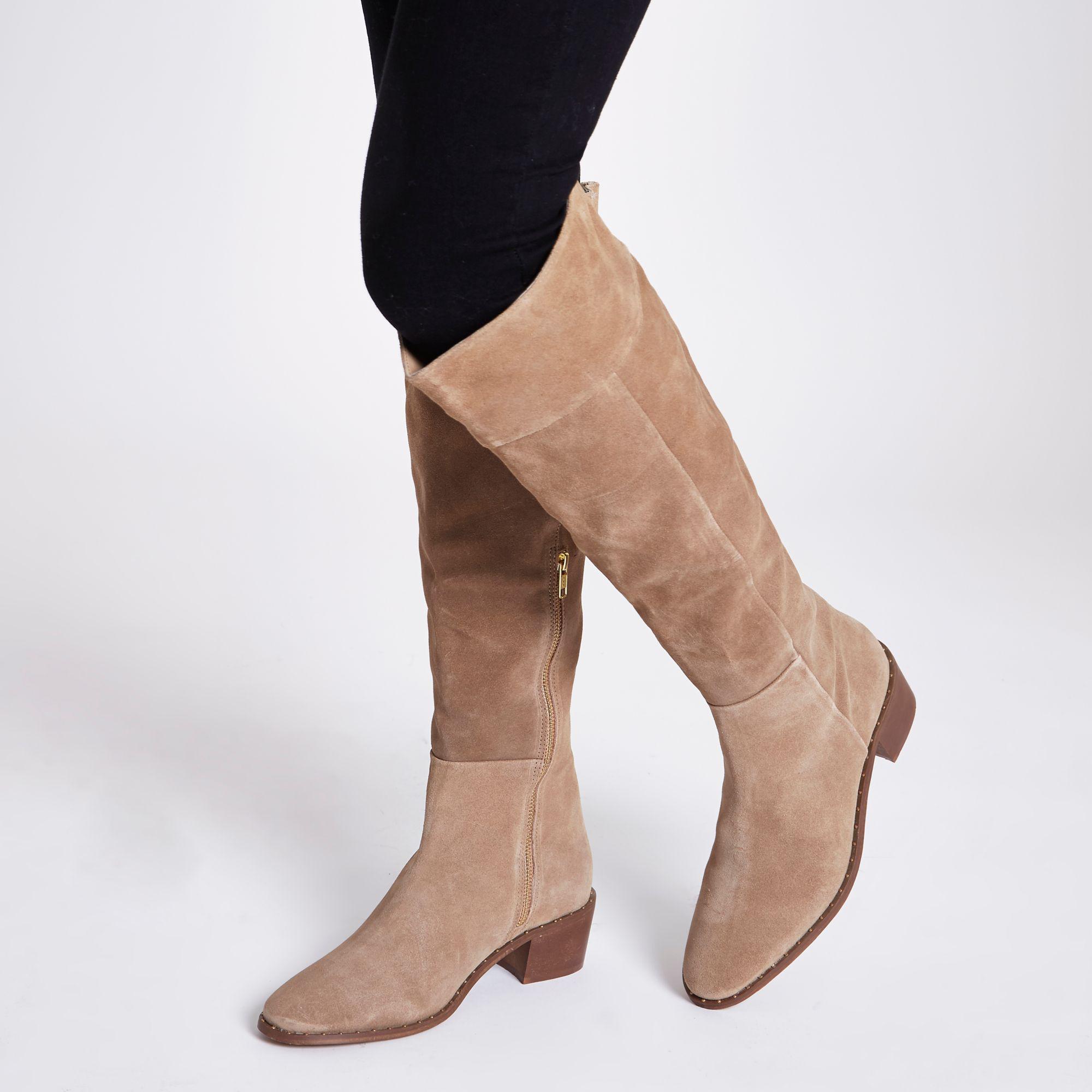River Island Beige Suede Studded Knee High Suede Boots in Natural - Lyst