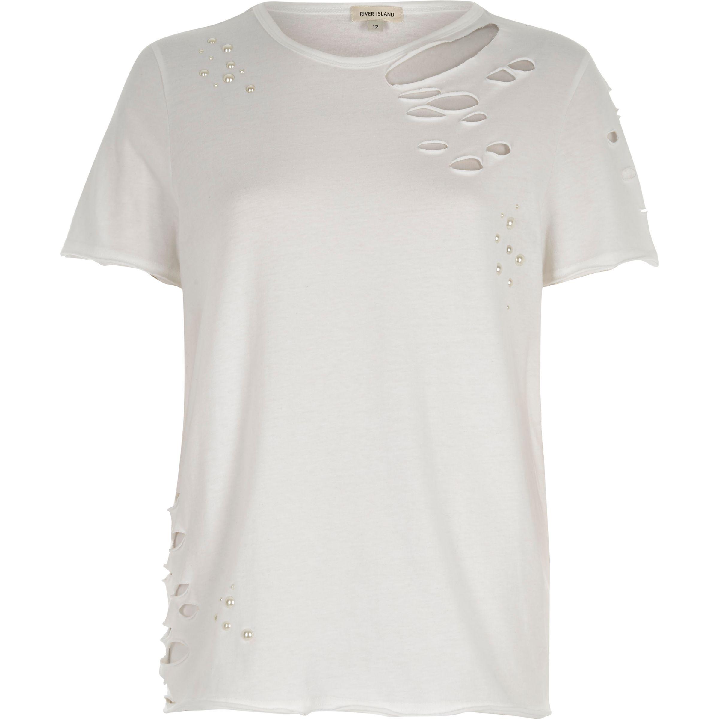 River Island Cotton White Pearl Detail Ripped Fitted Tshirt Lyst