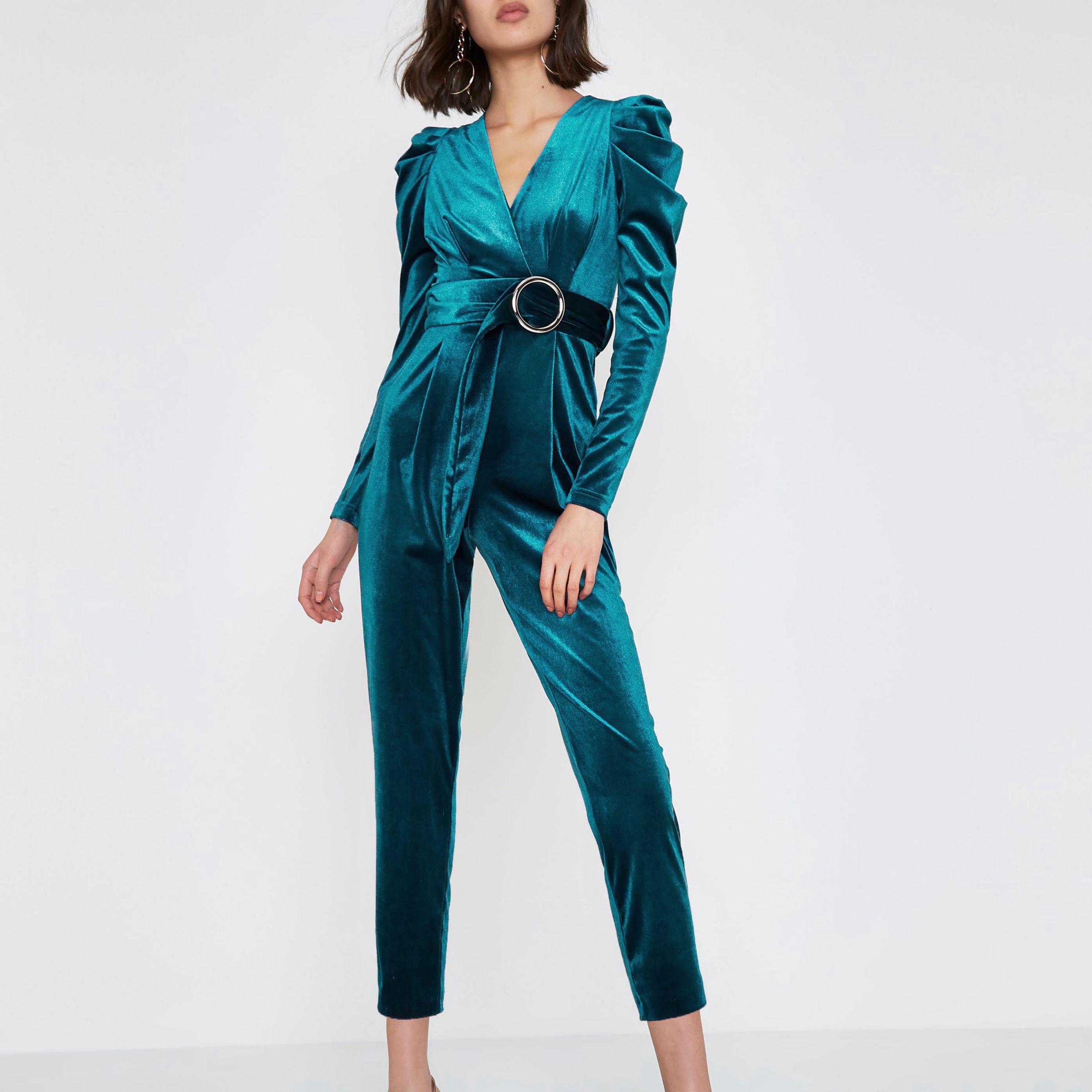 River Island Turquoise Blue Puff Shoulder Velvet Jumpsuit | Lyst