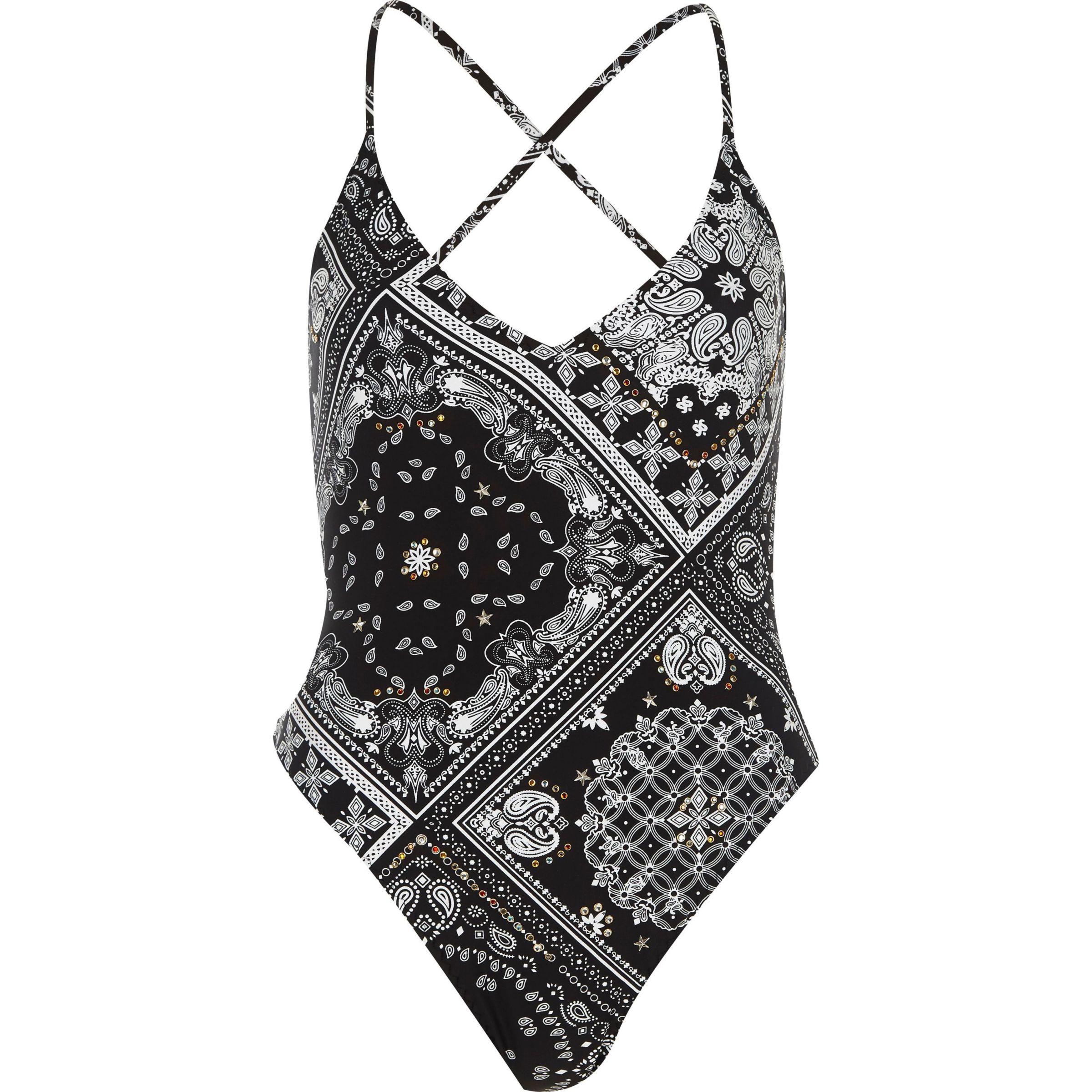 River Island Synthetic Black Bandana Print Cross Back Swimsuit Lyst