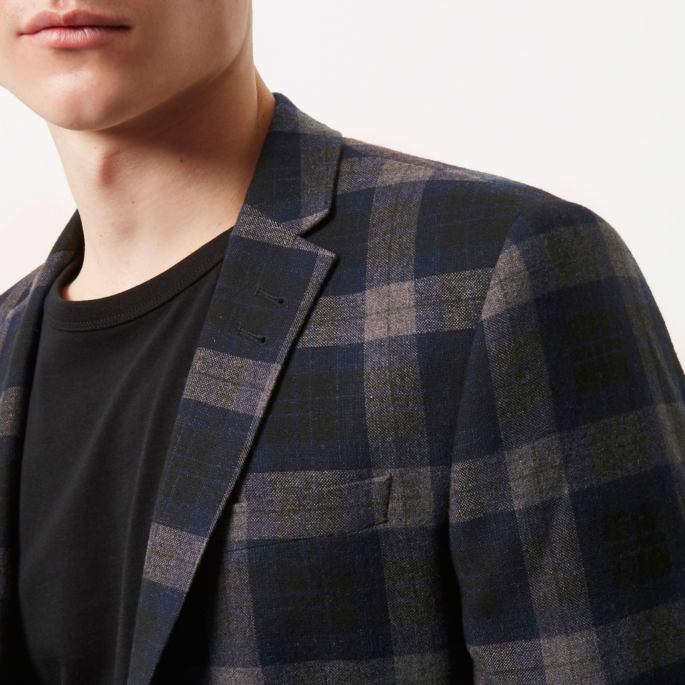 River Island Wool Tartan Skinny Cropped Blazer in Blue for  