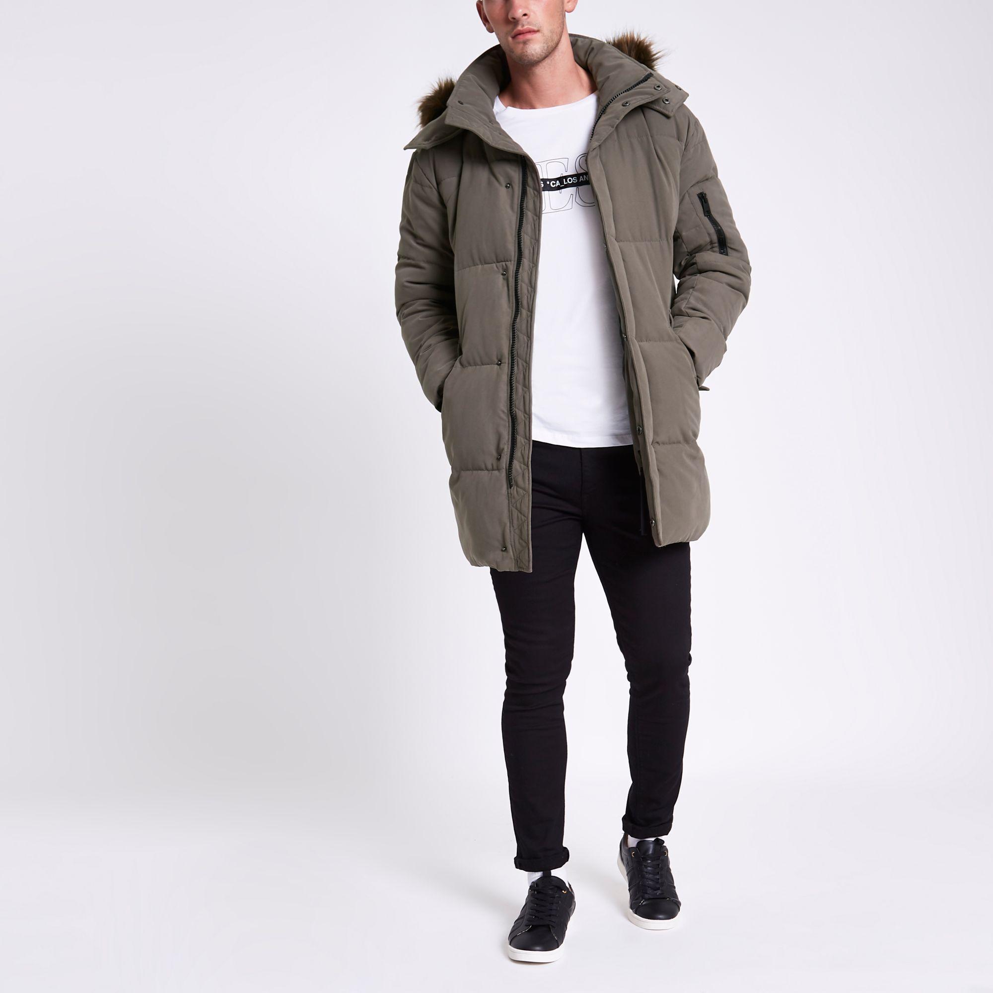 River Island Synthetic Longline Faux Fur Hooded Parka Jacket in Grey ...