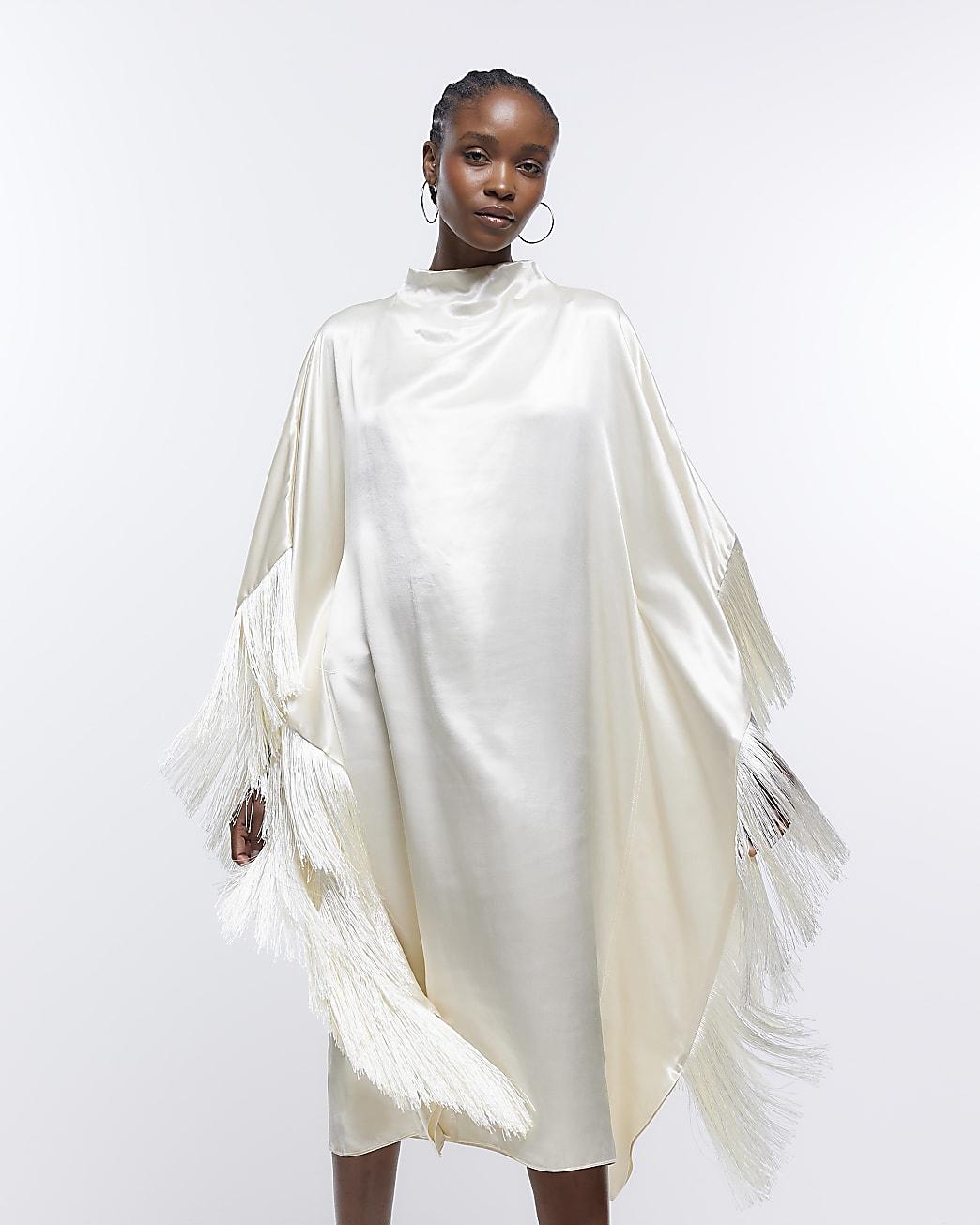 River Island Cream Fringe Long Sleeve Midi Dress in White Lyst