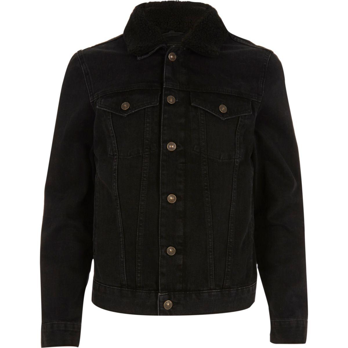 River Island Black Washed Borg Collar Denim Jacket for Men - Lyst