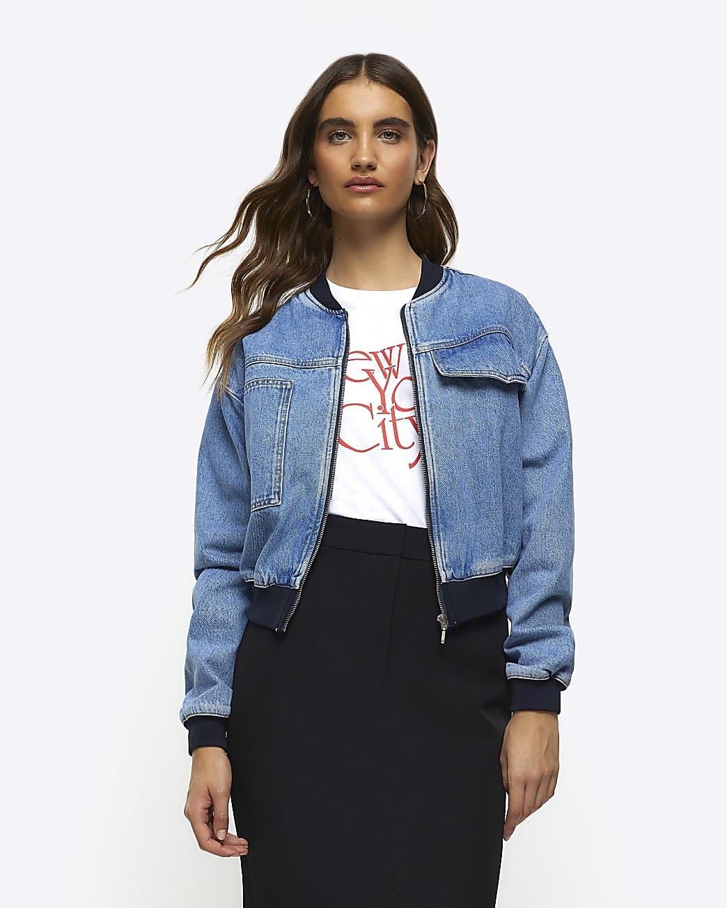 River Island Blue Denim Crop Bomber Jacket Lyst