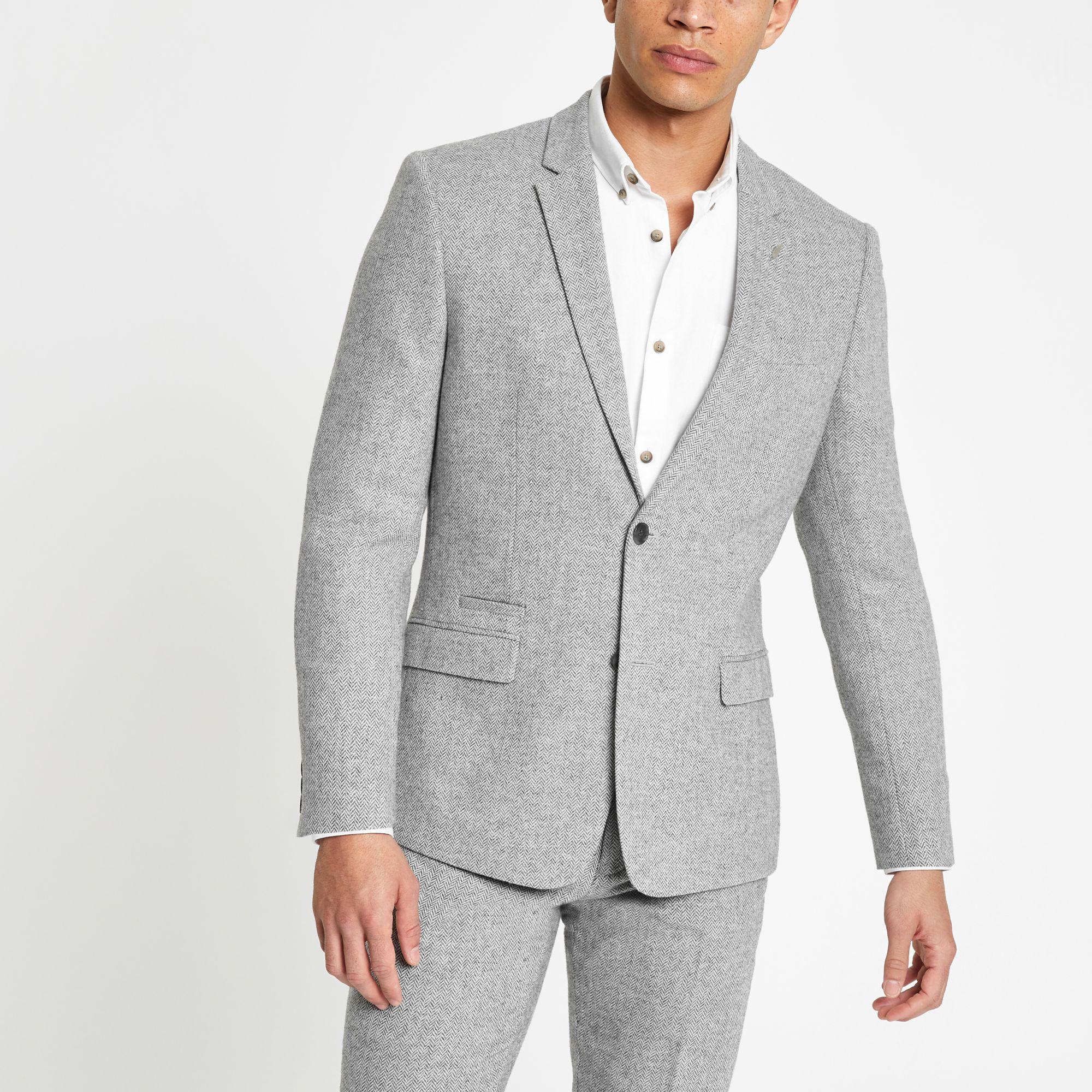 River Island Herringbone Skinny Suit Jacket in Grey (Gray) for Men Lyst
