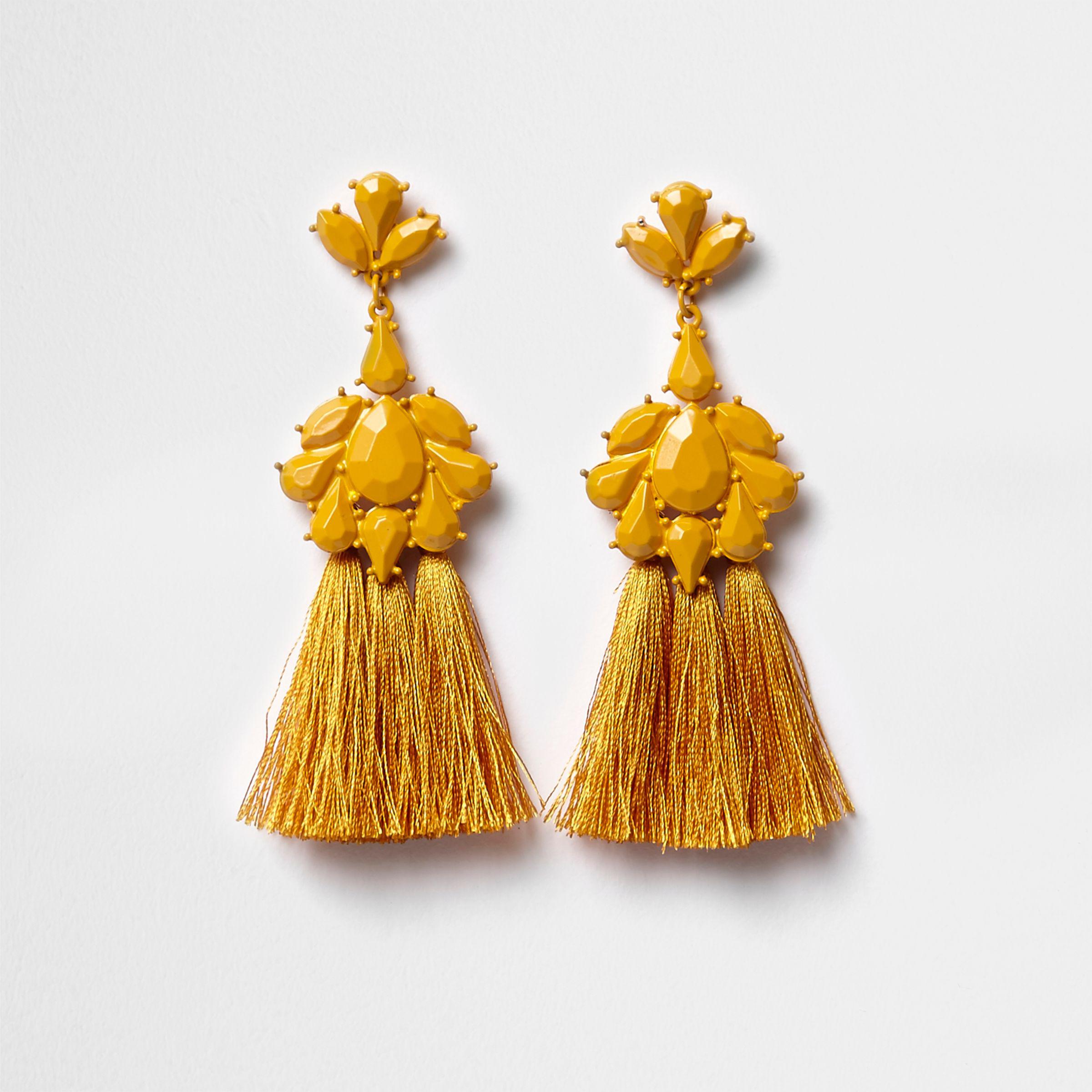 River Island Synthetic Mustard Yellow Jewel Tassel Drop Earrings Lyst