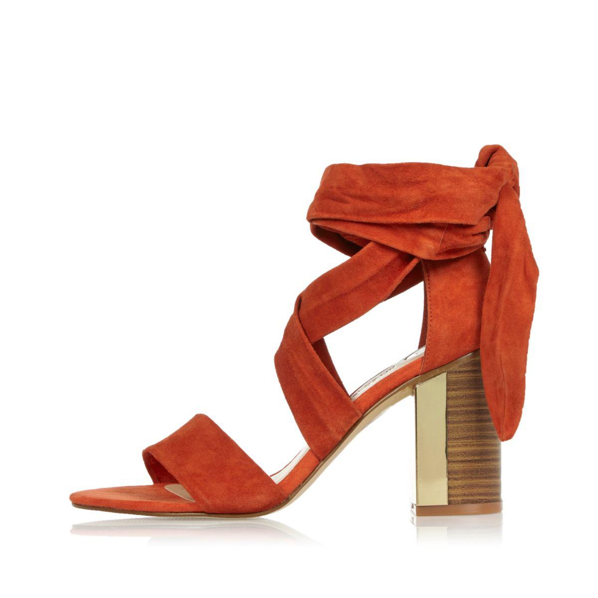 River Island Dark Orange Suede Tie-up Block Heel Sandals in Red | Lyst