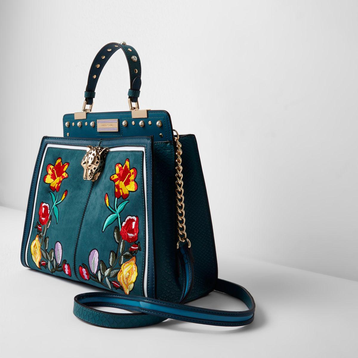 River Island Green Jaguar Head Floral Embroidered Tote Bag Green Jaguar
