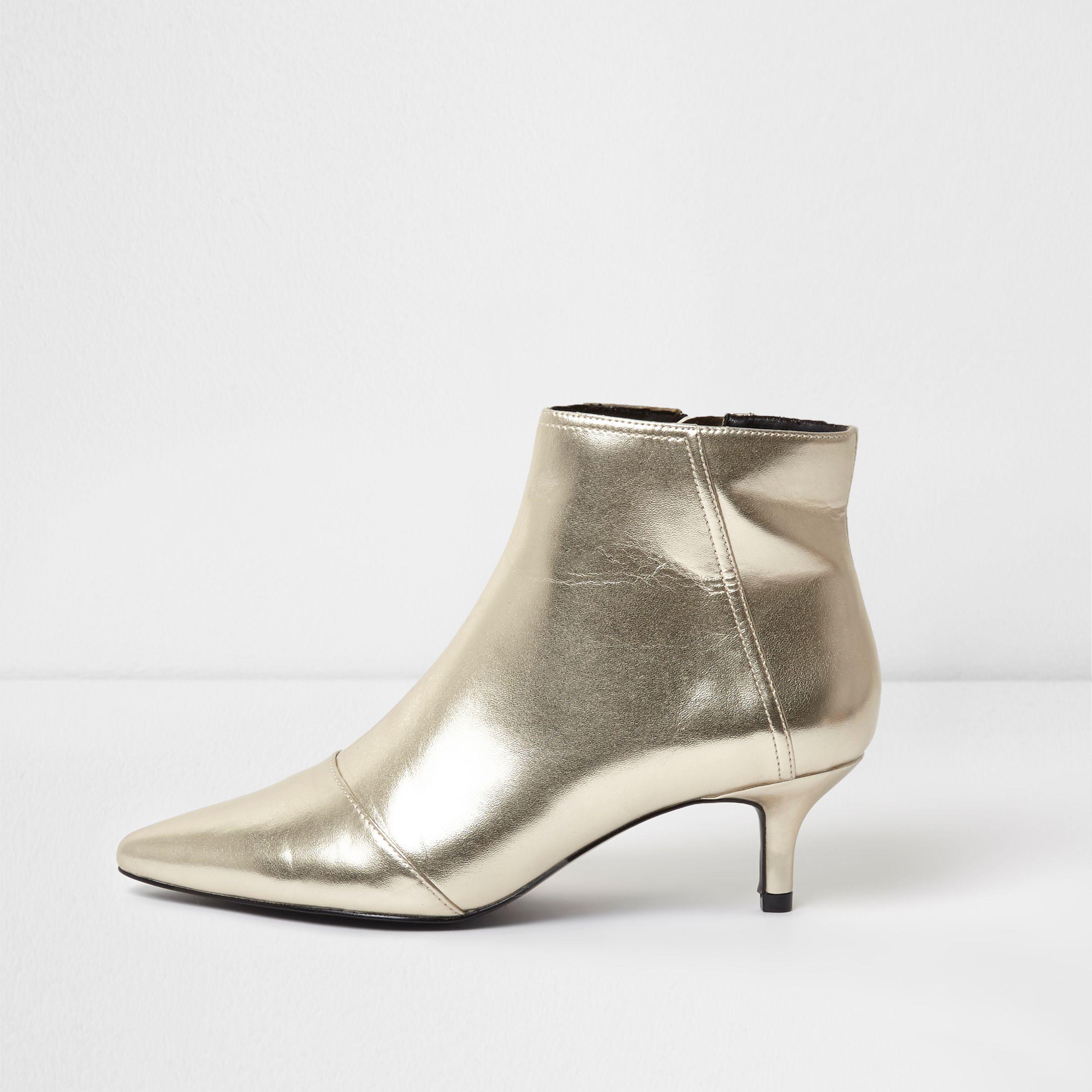 River Island Gold Metallic Pointed Kitten Heel Ankle Boots in Yellow - Lyst