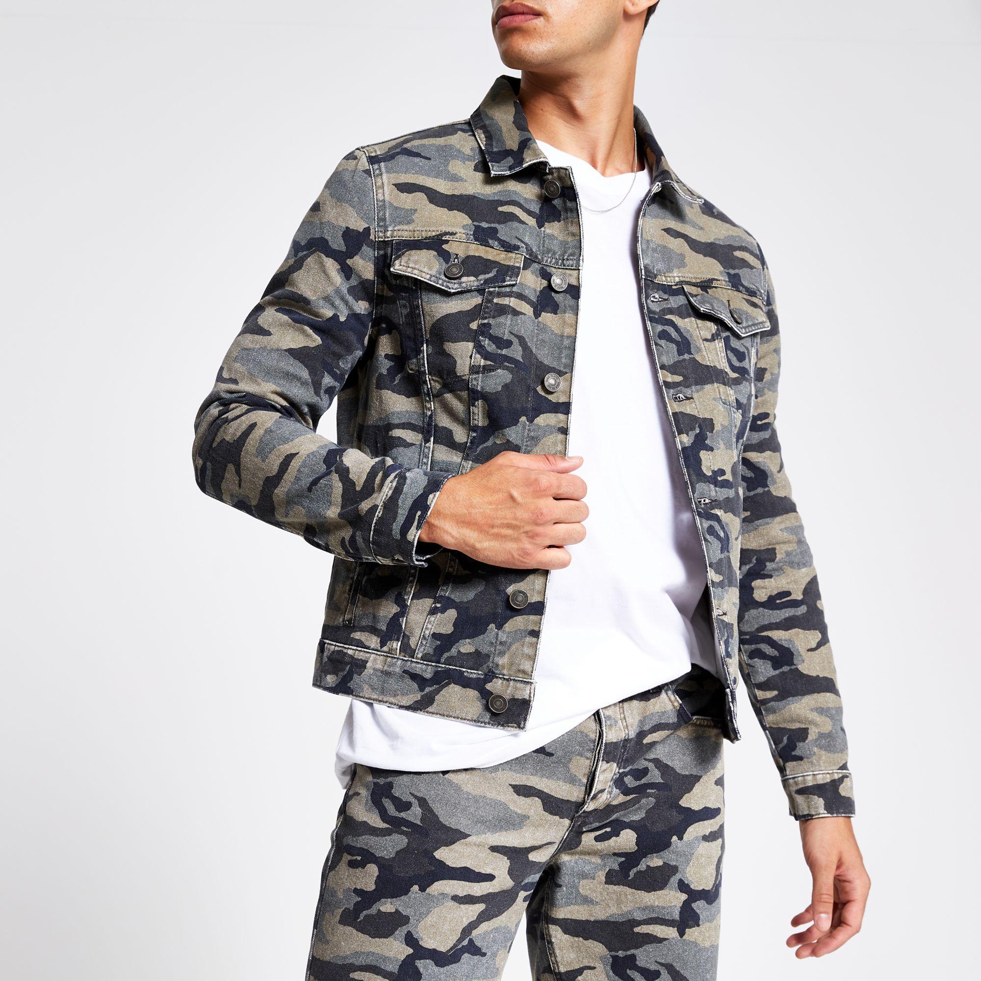 River Island Khaki Camo Denim Jacket Khaki Camo Slim Fit Denim Shorts