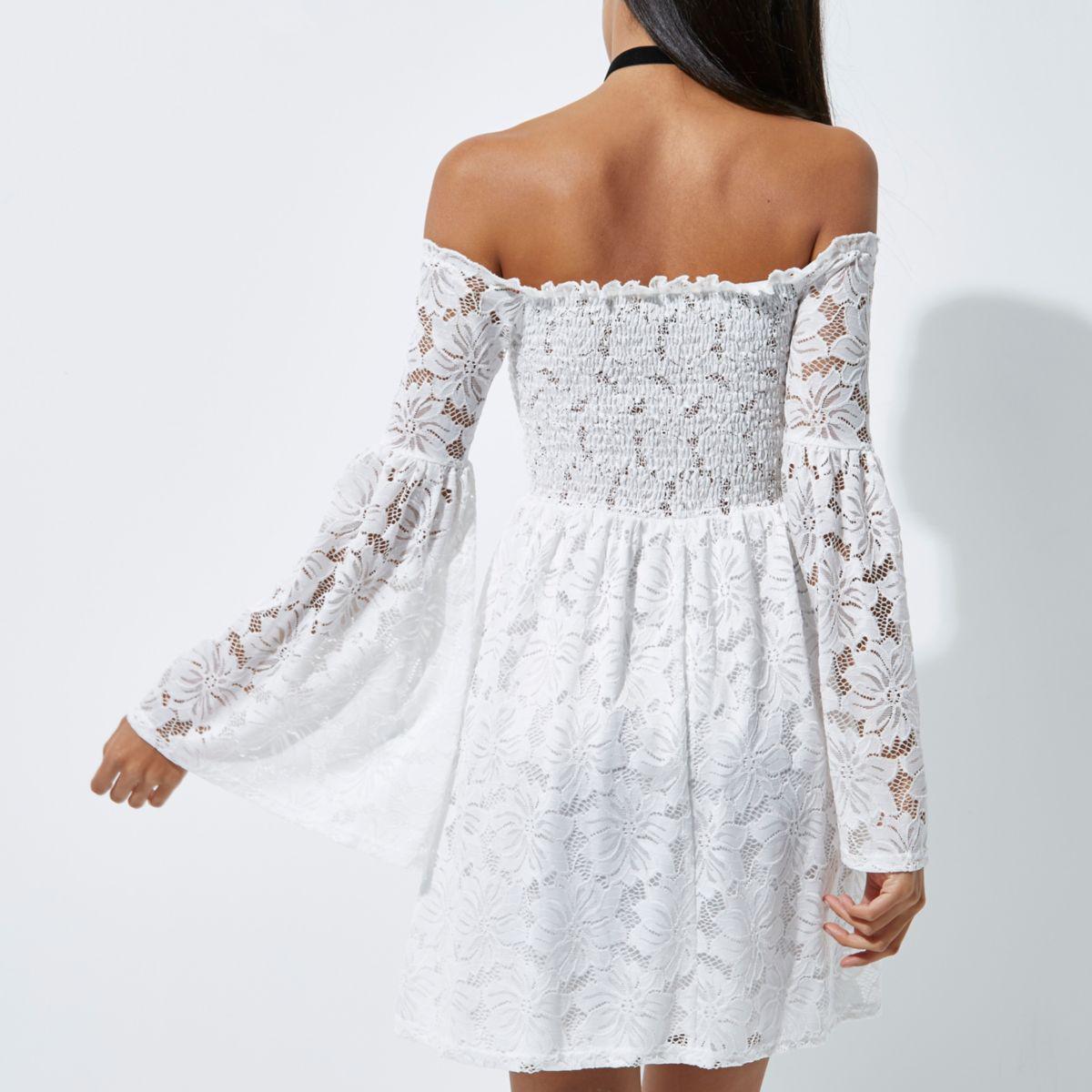 river island white lace bardot dress