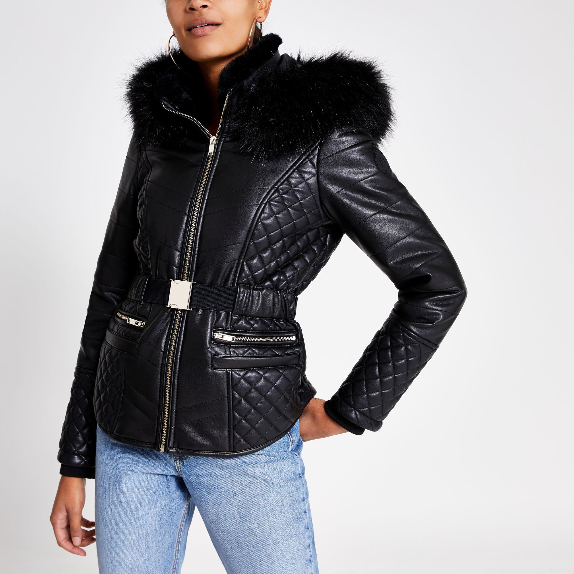 River Island Black Faux Leather Fitted Padded Jacket - Lyst