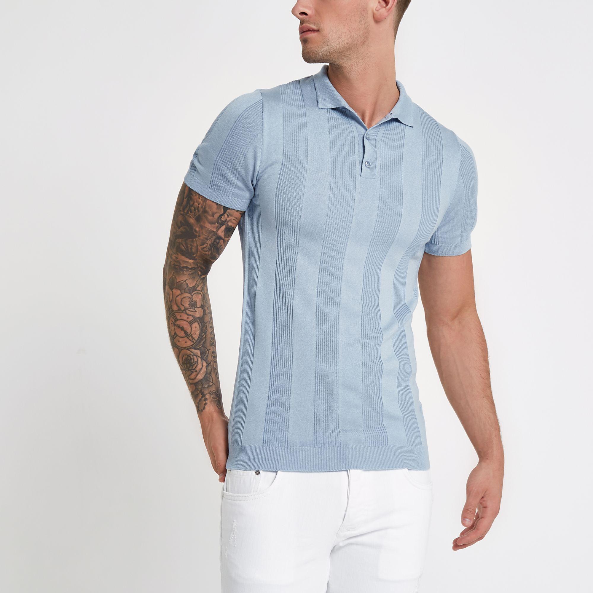 River Island Light Rib Knit Muscle Fit Polo Shirt in Blue for Men | Lyst