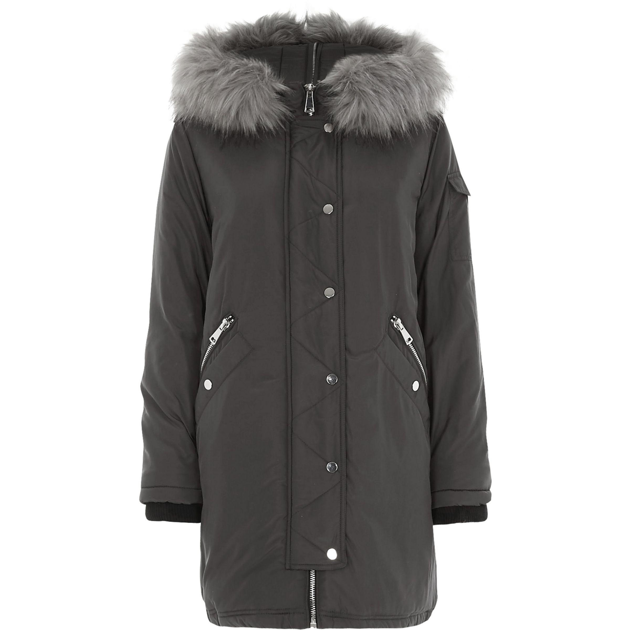 River Island Grey Faux Fur Trim Split Hood Parka in Gray | Lyst