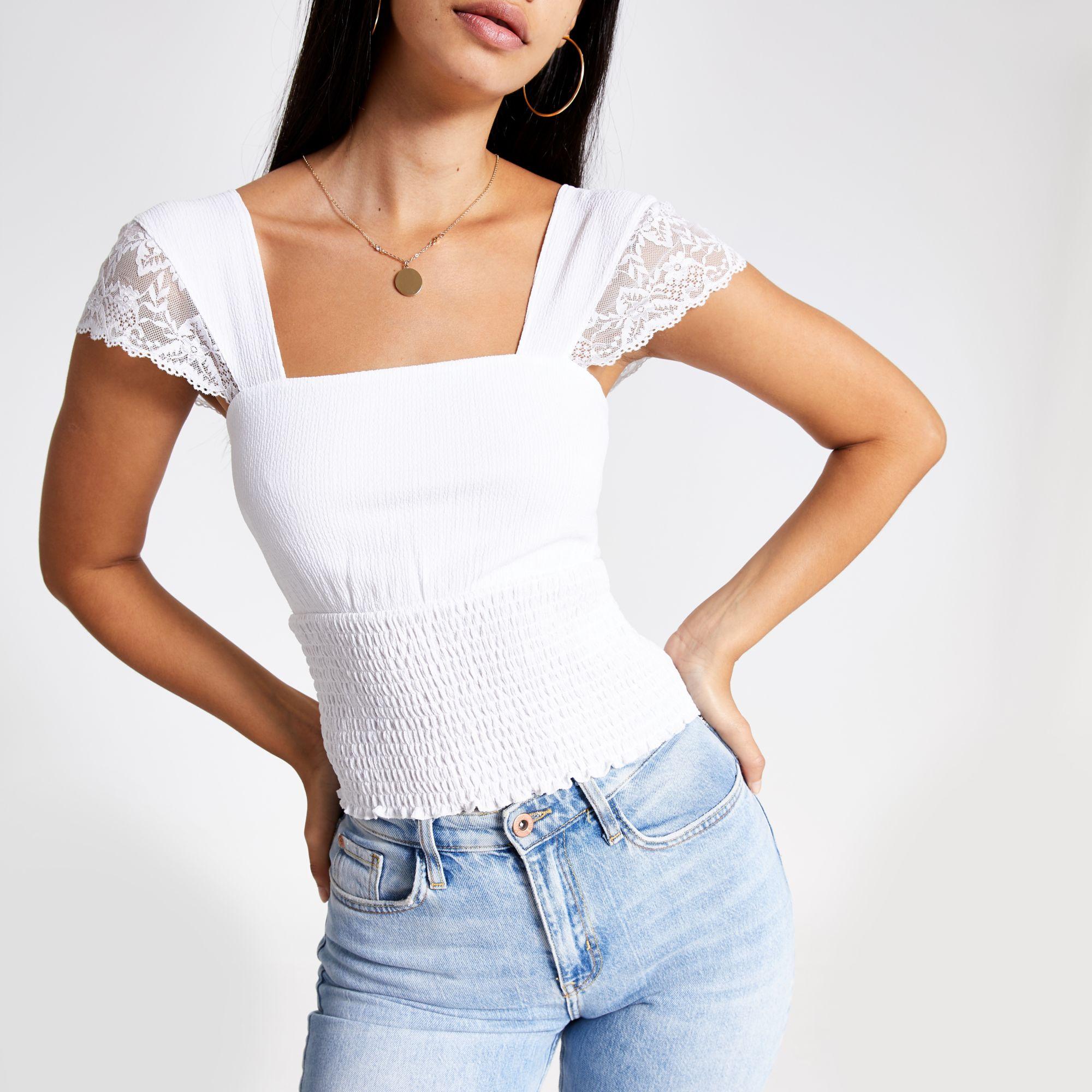 River Island Lace Shirred Top In White Lyst 