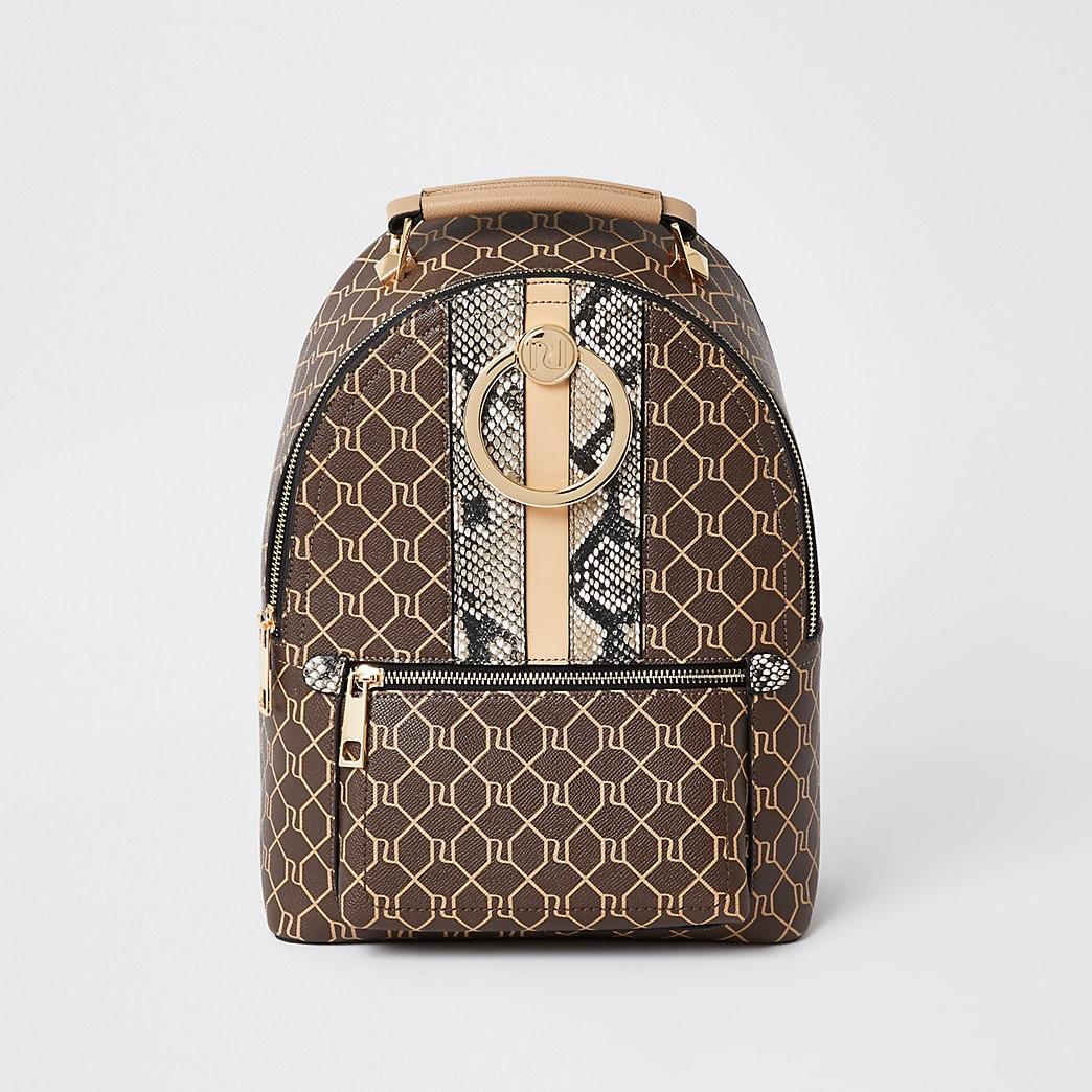 River Island Womens Brown Ri Monogram Print Jacquard Backpack