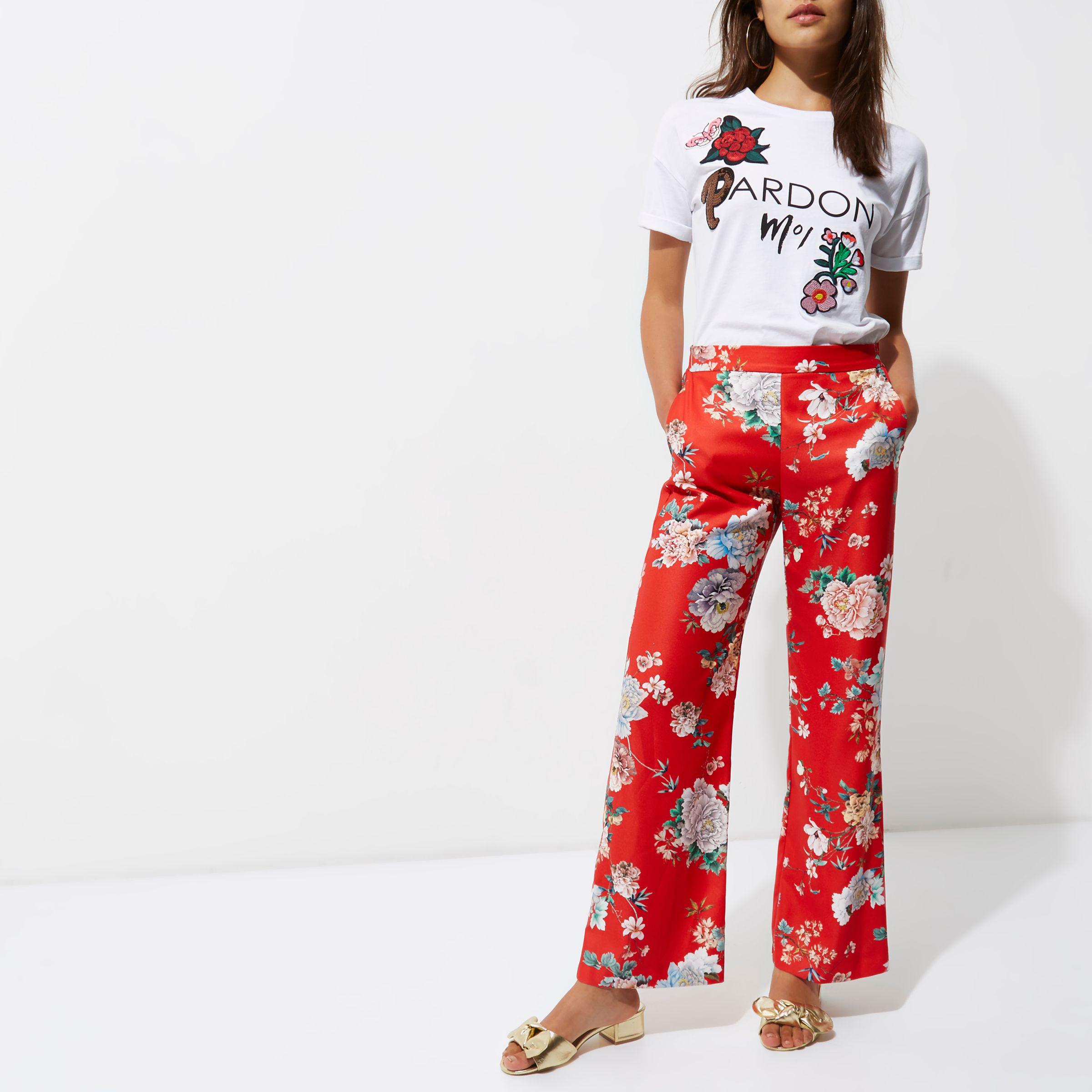 River Island Red Floral Wide Leg High Waisted Trousers | Lyst