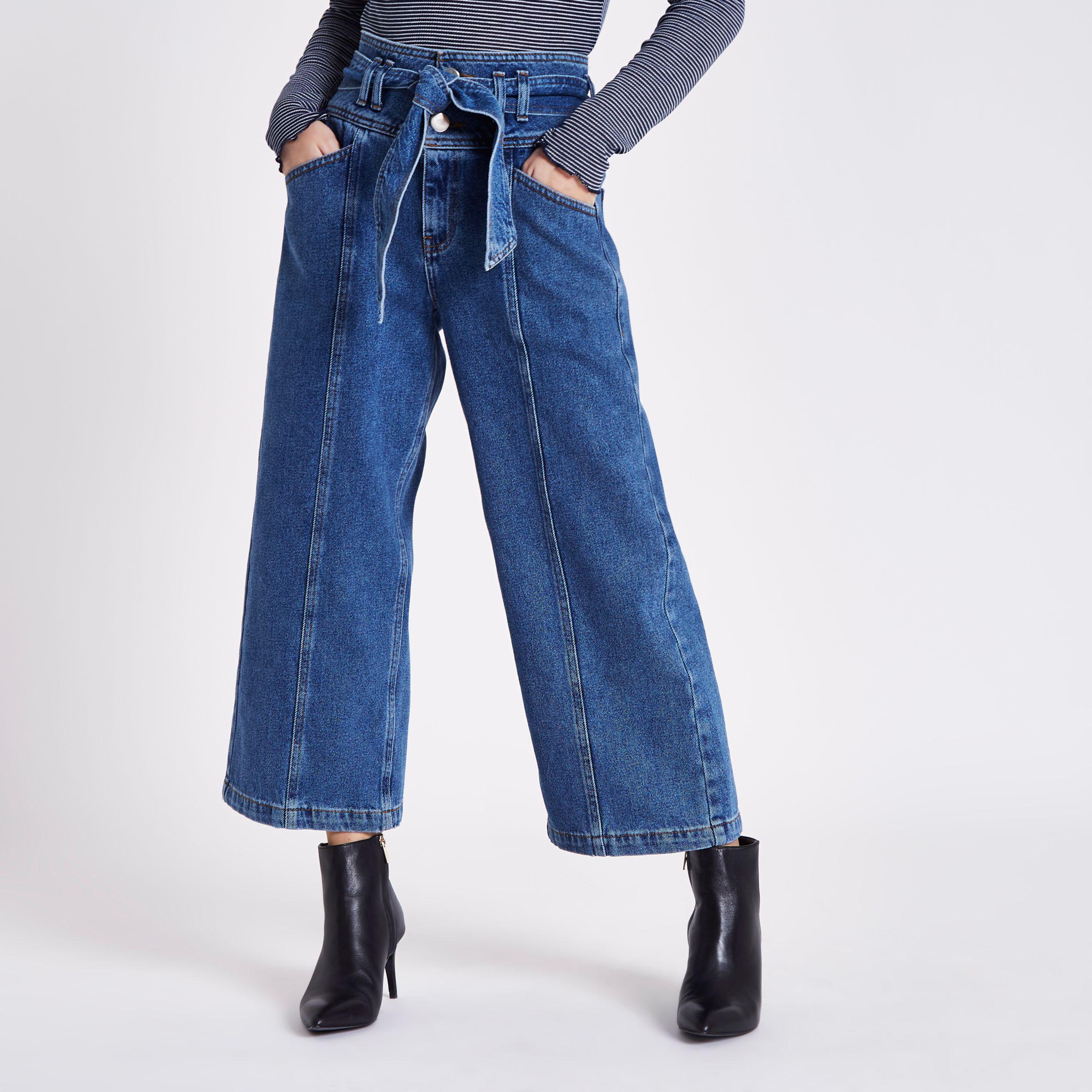 River Island Petite Belted Denim Culottes in Blue - Lyst