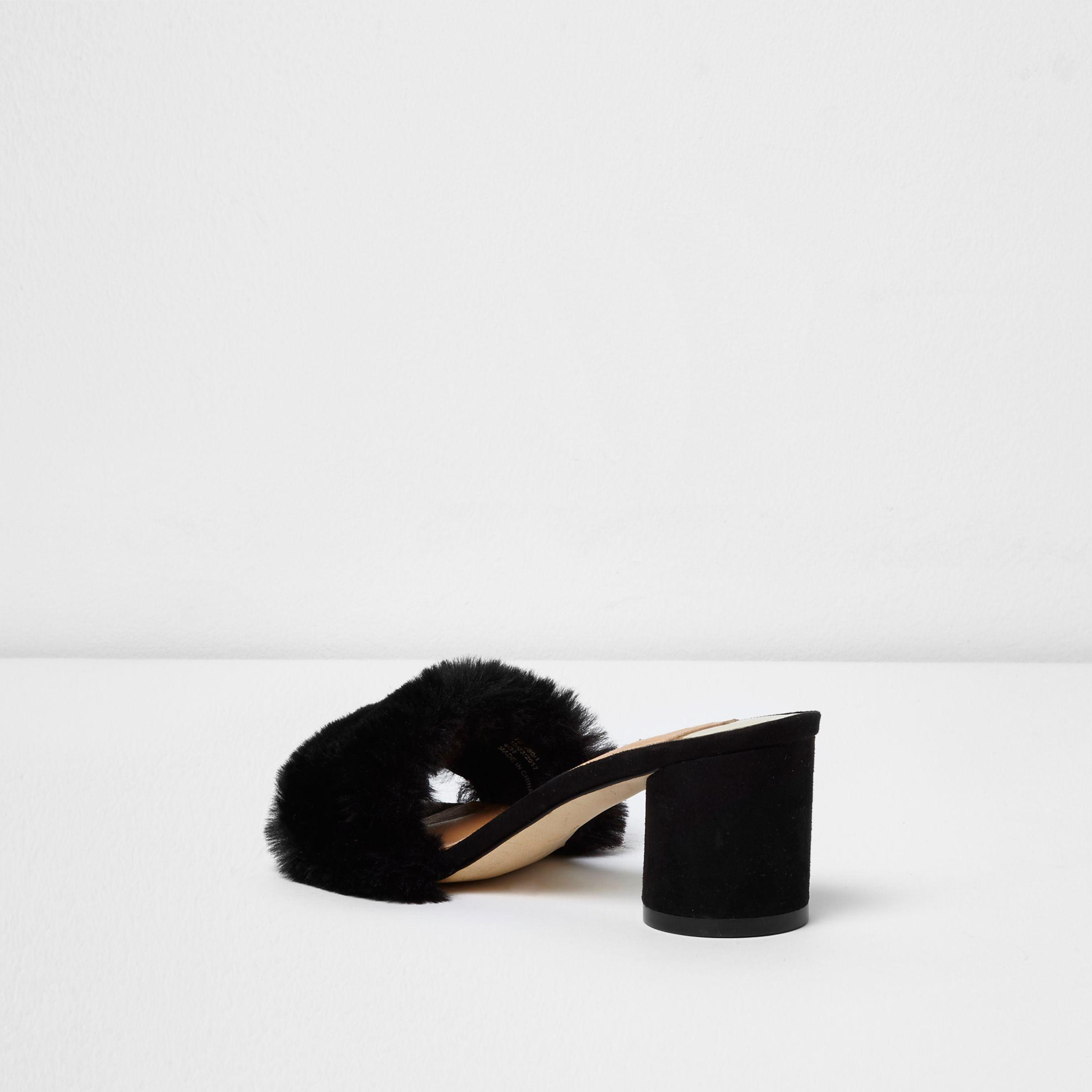 River Island Faux Fur Block Heel Mules 