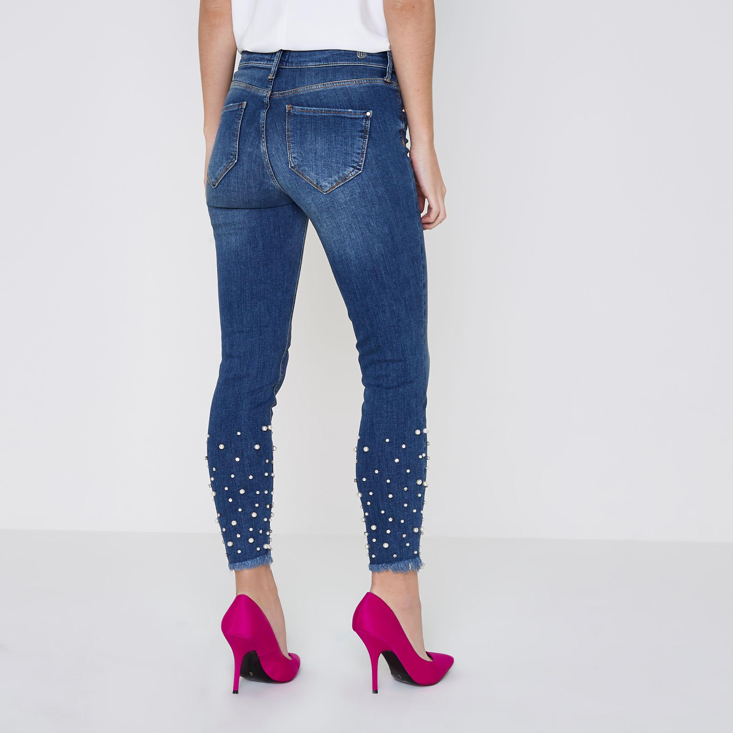 River Island Denim Mid Blue Molly Pearl Hem Skinny Jeggings - Lyst