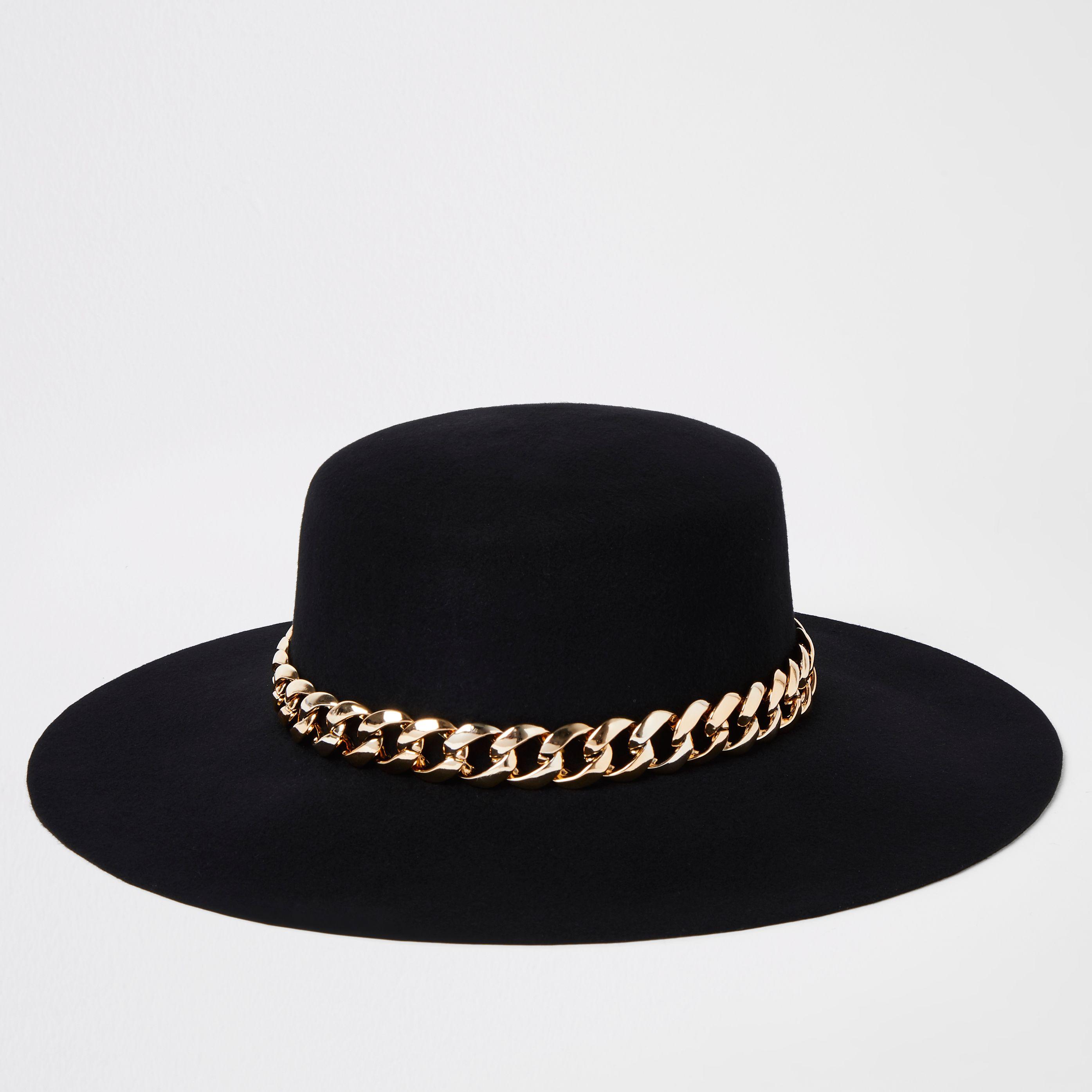 Gold Chain Trim Fedora Hat in Black 