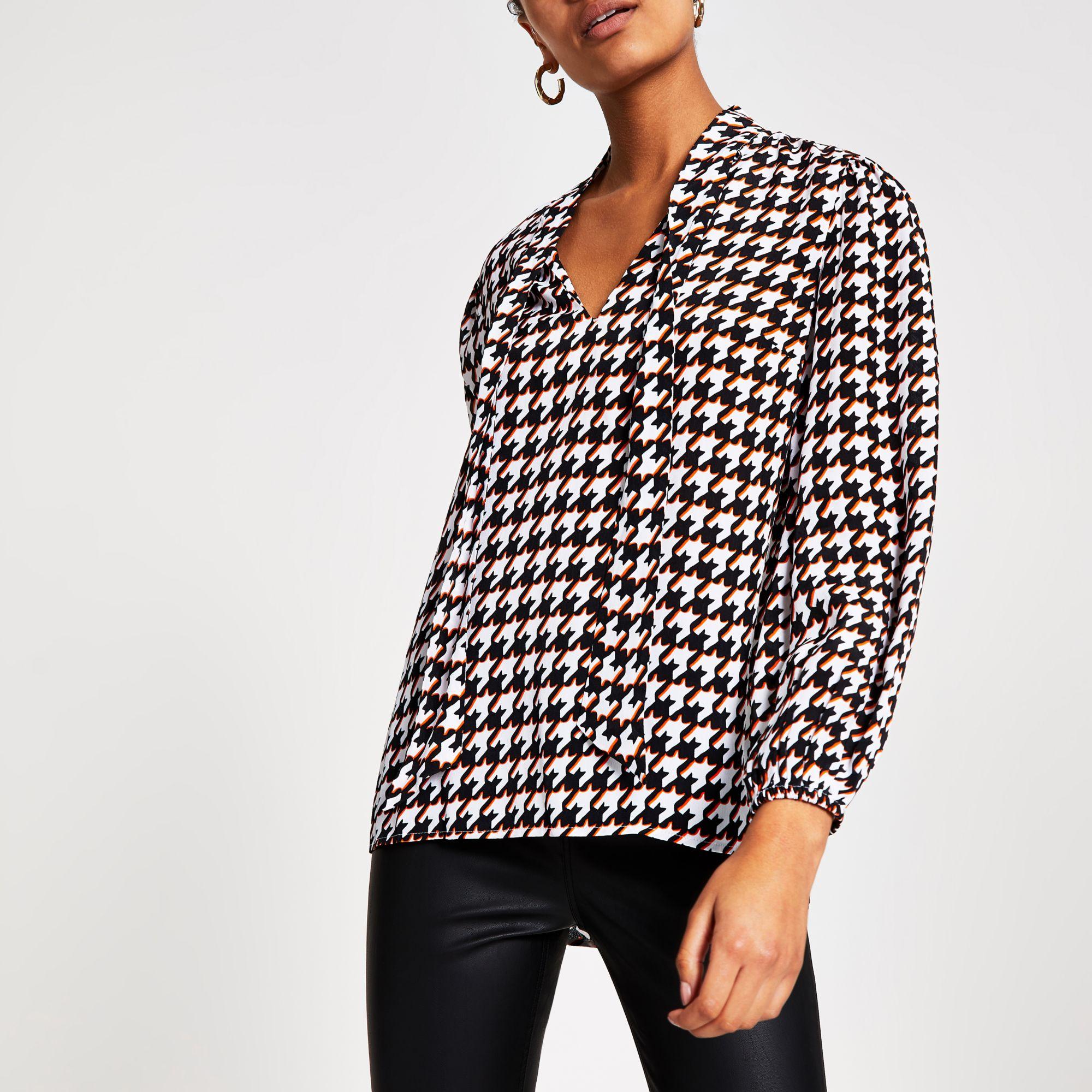 River Island Synthetic Black Dogtooth Check Tie Neck Blouse Lyst