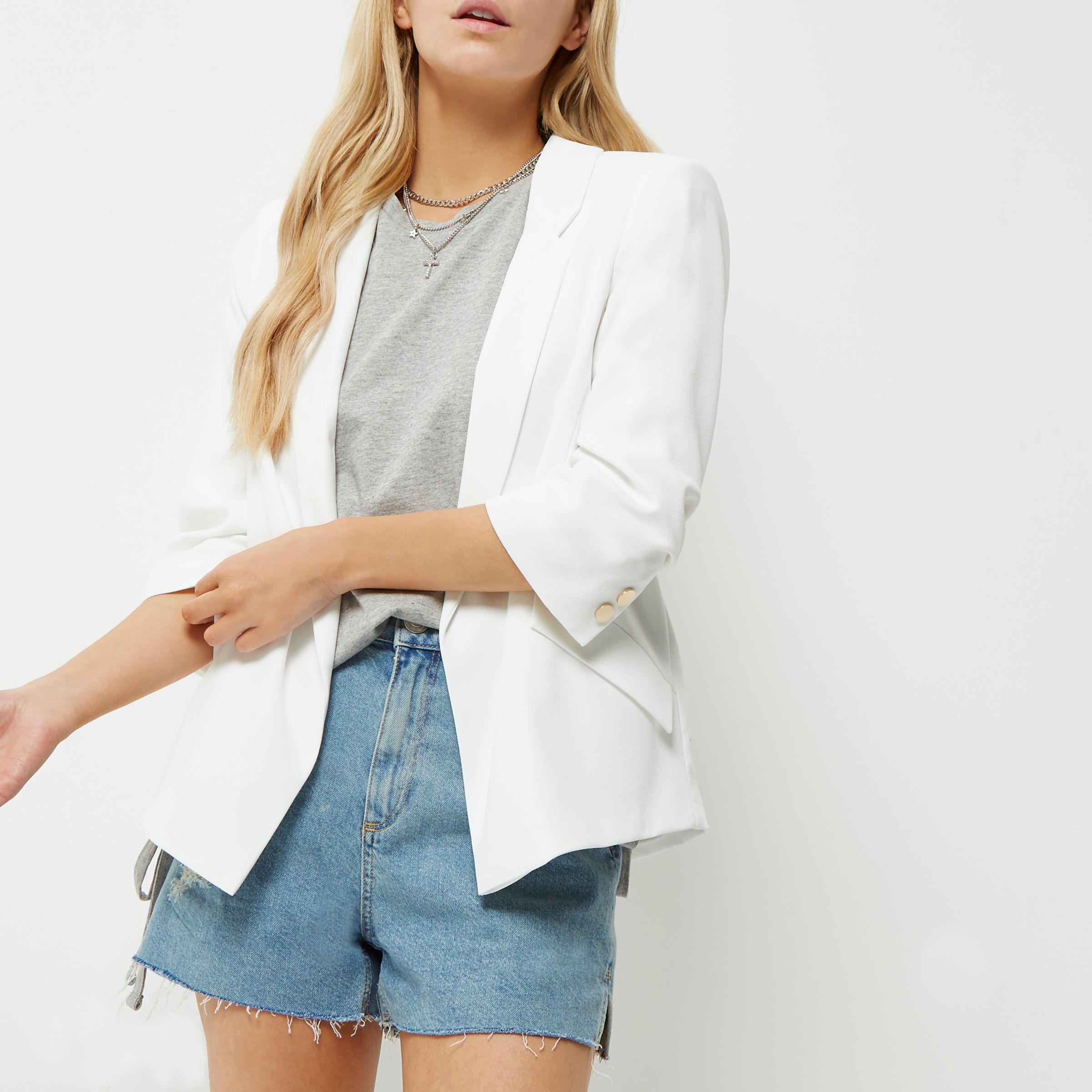 River Island Synthetic Petite White Ruched Sleeve Blazer Jacket - Lyst