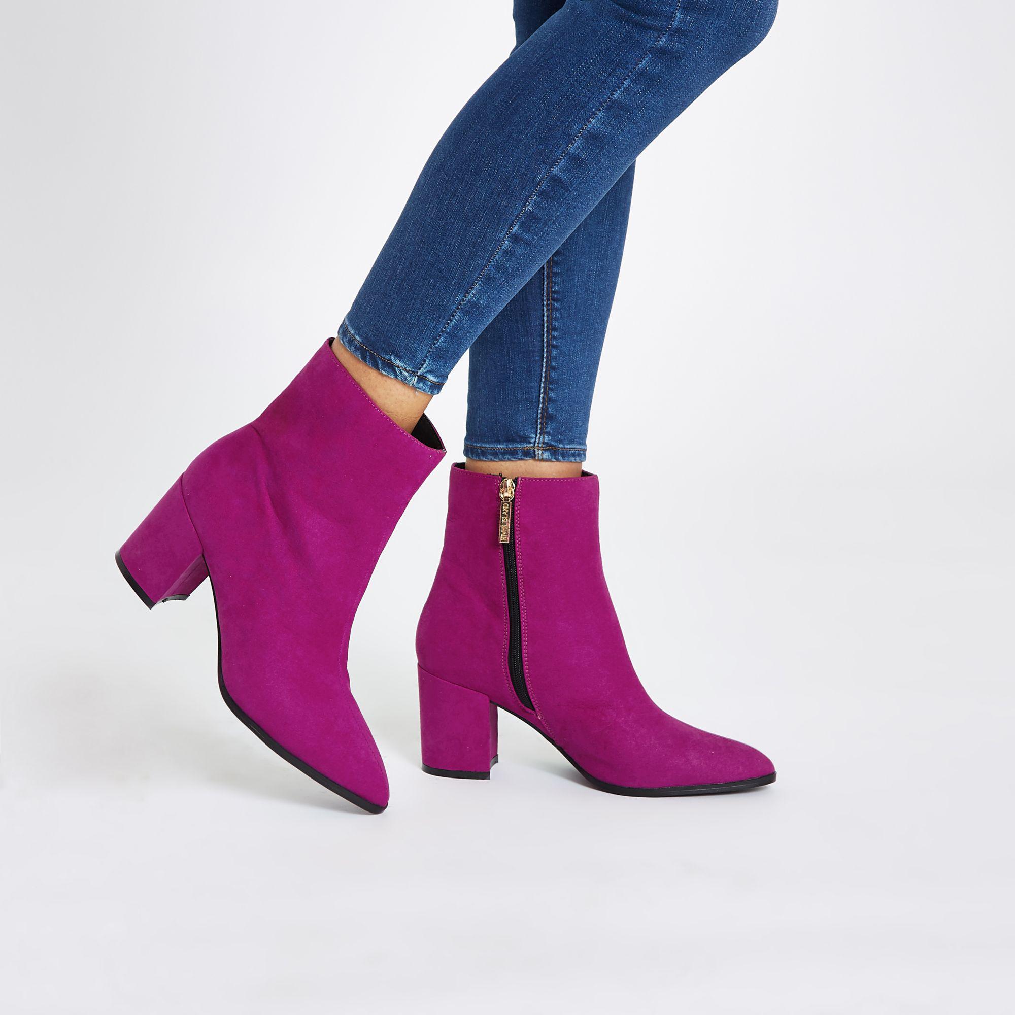 River Island Pink Block Heel Suede Boots - Lyst