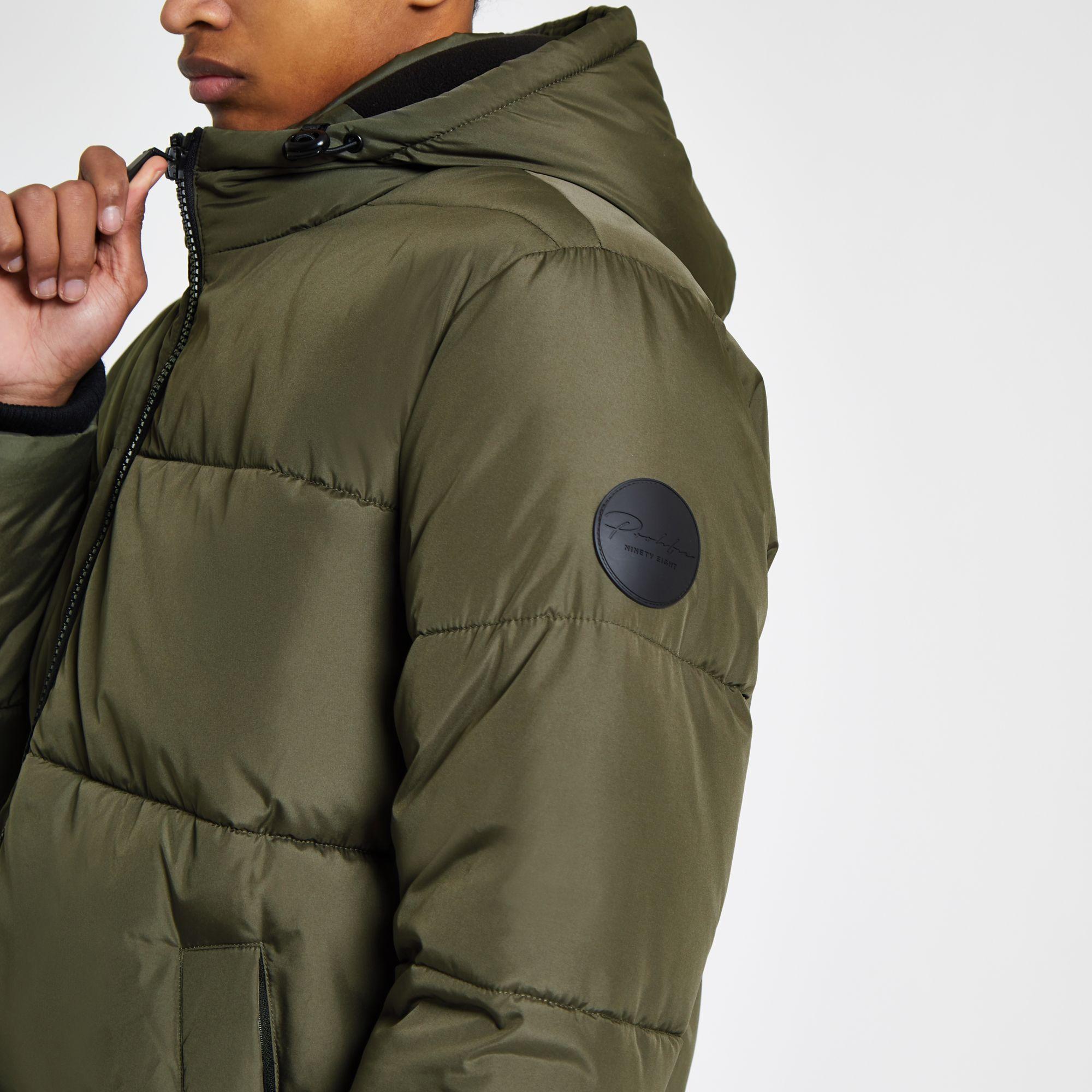 River Island Synthetic Prolific Hooded Puffer Jacket in Khaki (Green