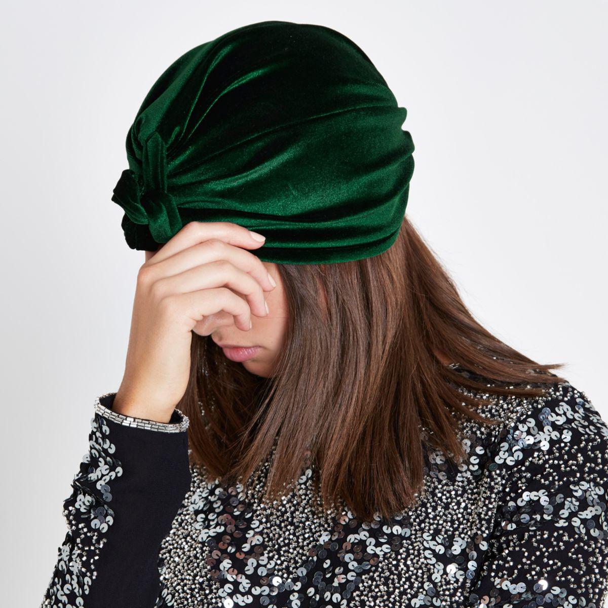 River Island Green Velvet Knot Front Turban Hat Green Velvet Knot Front  Turban Hat - Lyst
