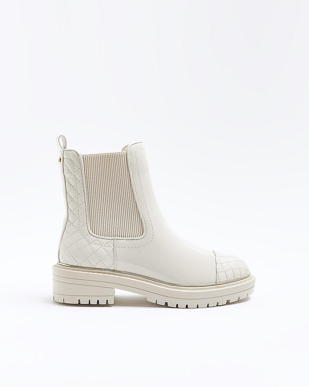 River Island Cream Wide Fit Quilted Boots in White | Lyst