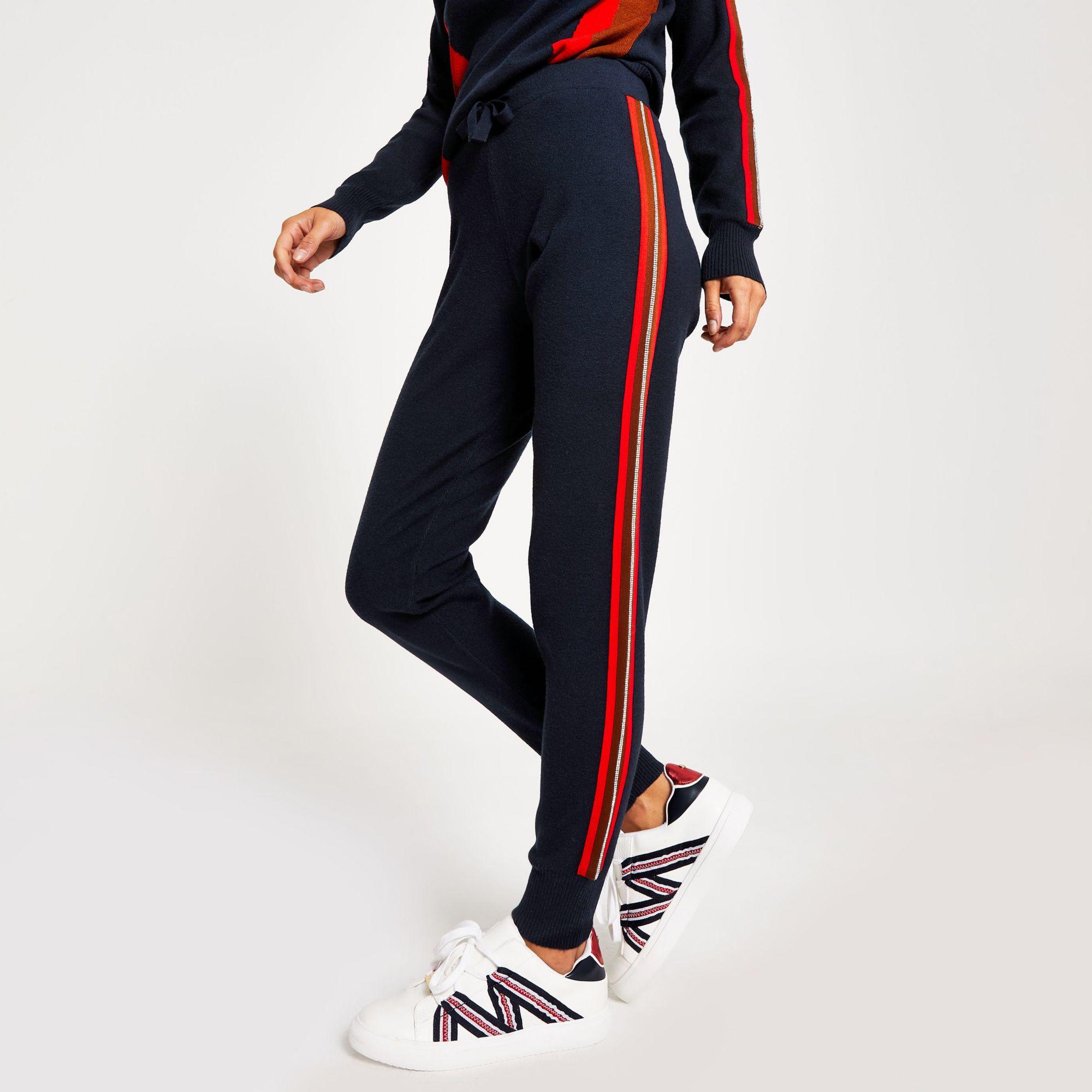 Navy Diamante Tape Side Knitted joggers 