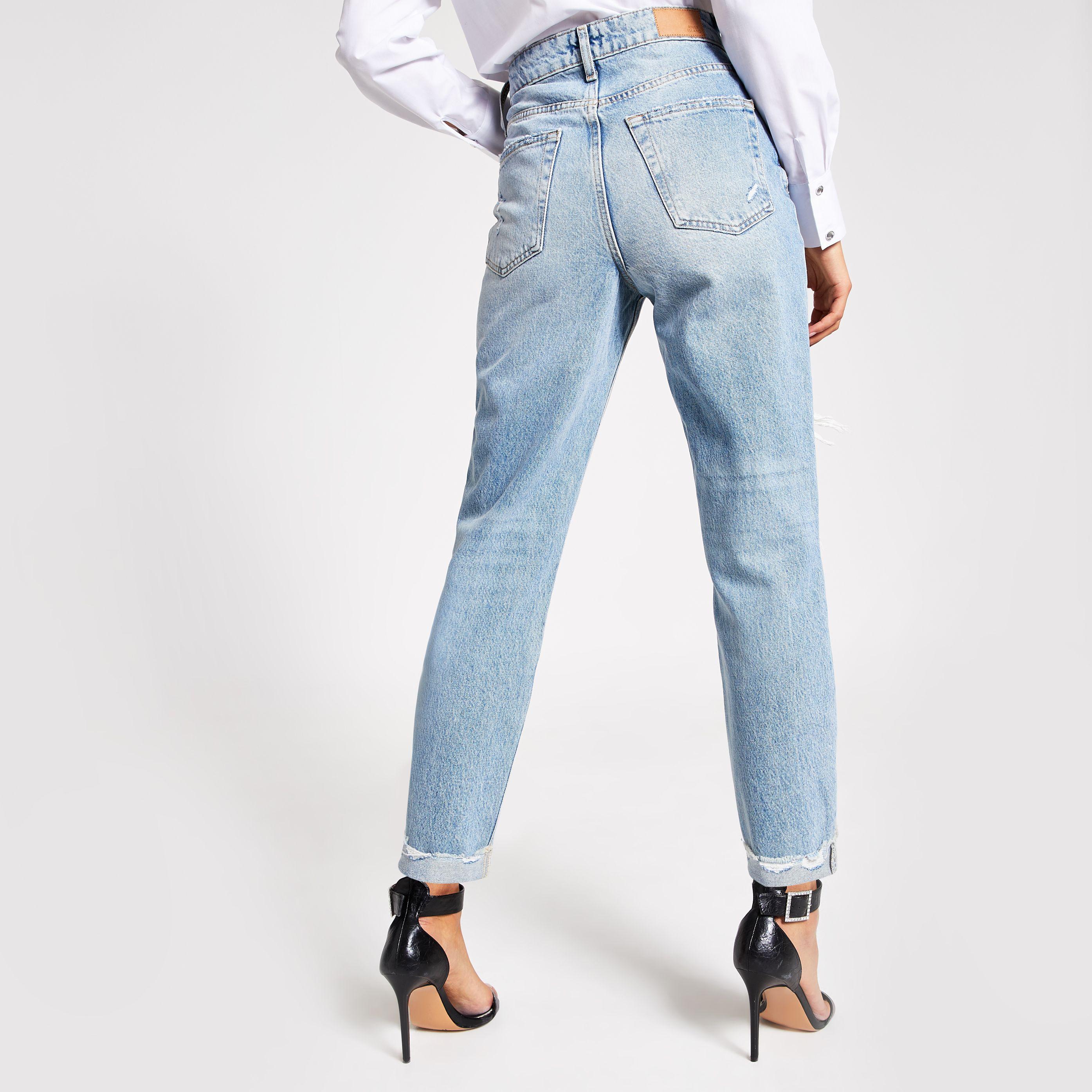 River Island Blue Ripped Carrie High Rise Mom Jeans | Lyst UK