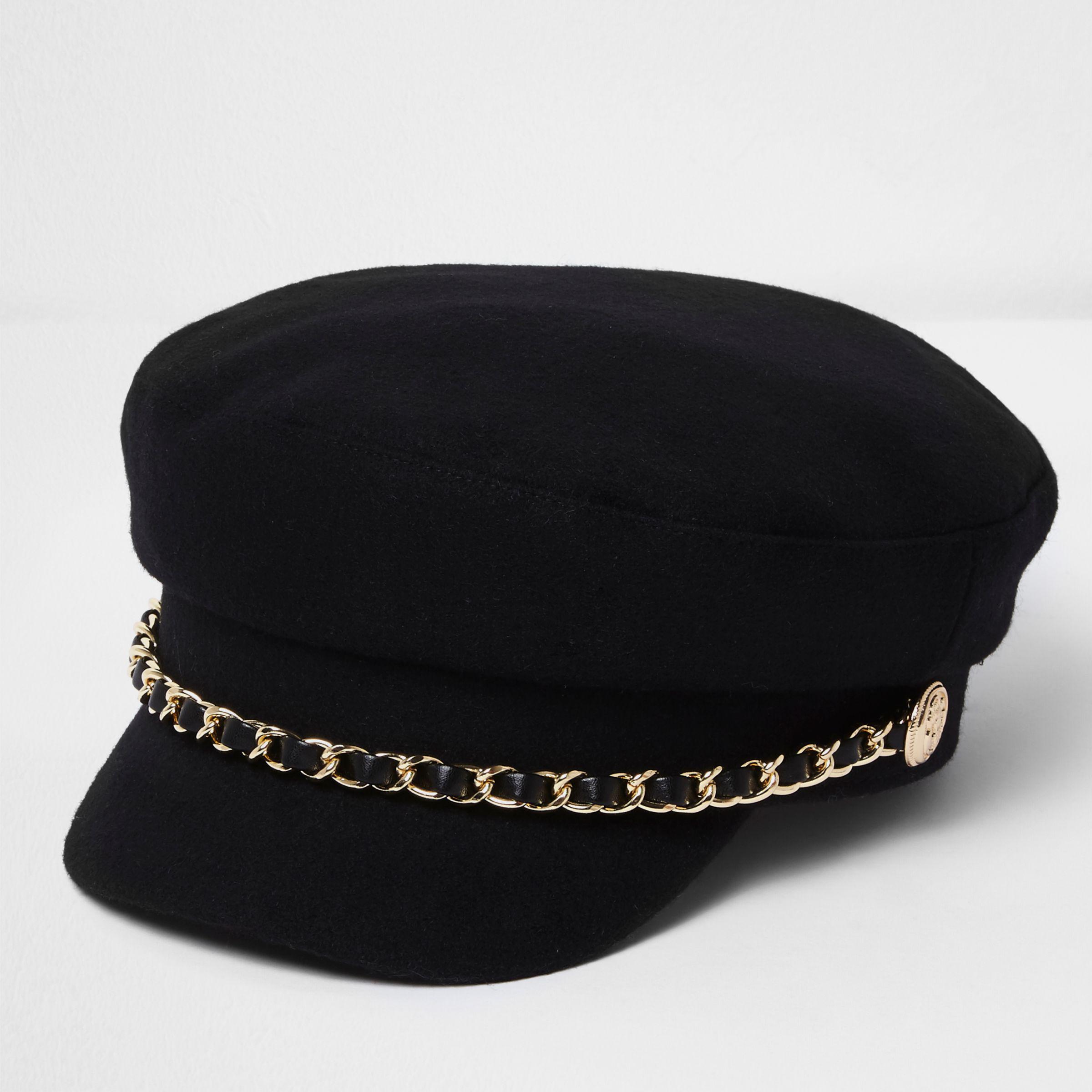 River Island Black Chain Trim Baker Boy Hat | Lyst