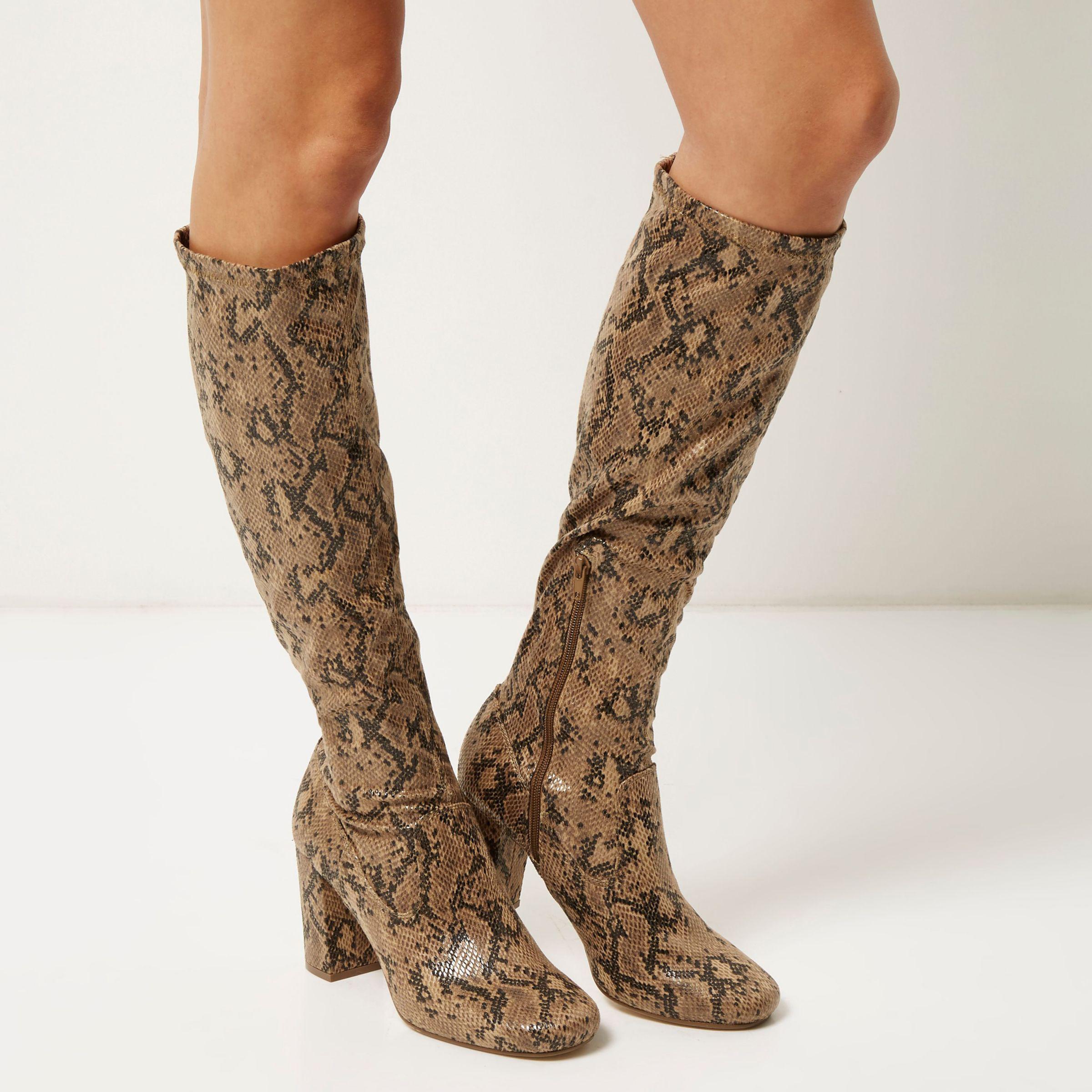 Lyst - River Island Brown Snake Print Knee High Boots in Brown
