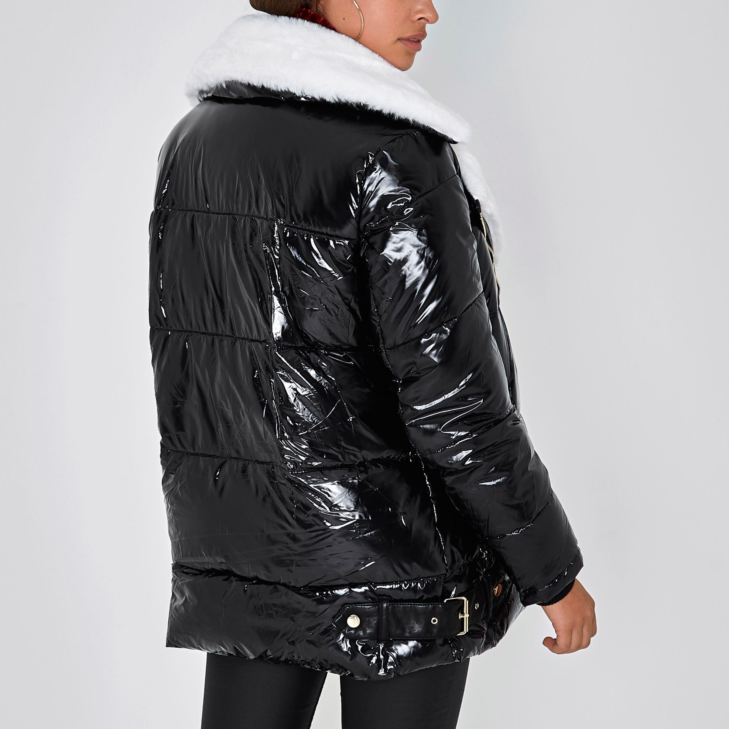 River Island Black High Shine Faux Fur Aviator Jacket In Lyst Gallery