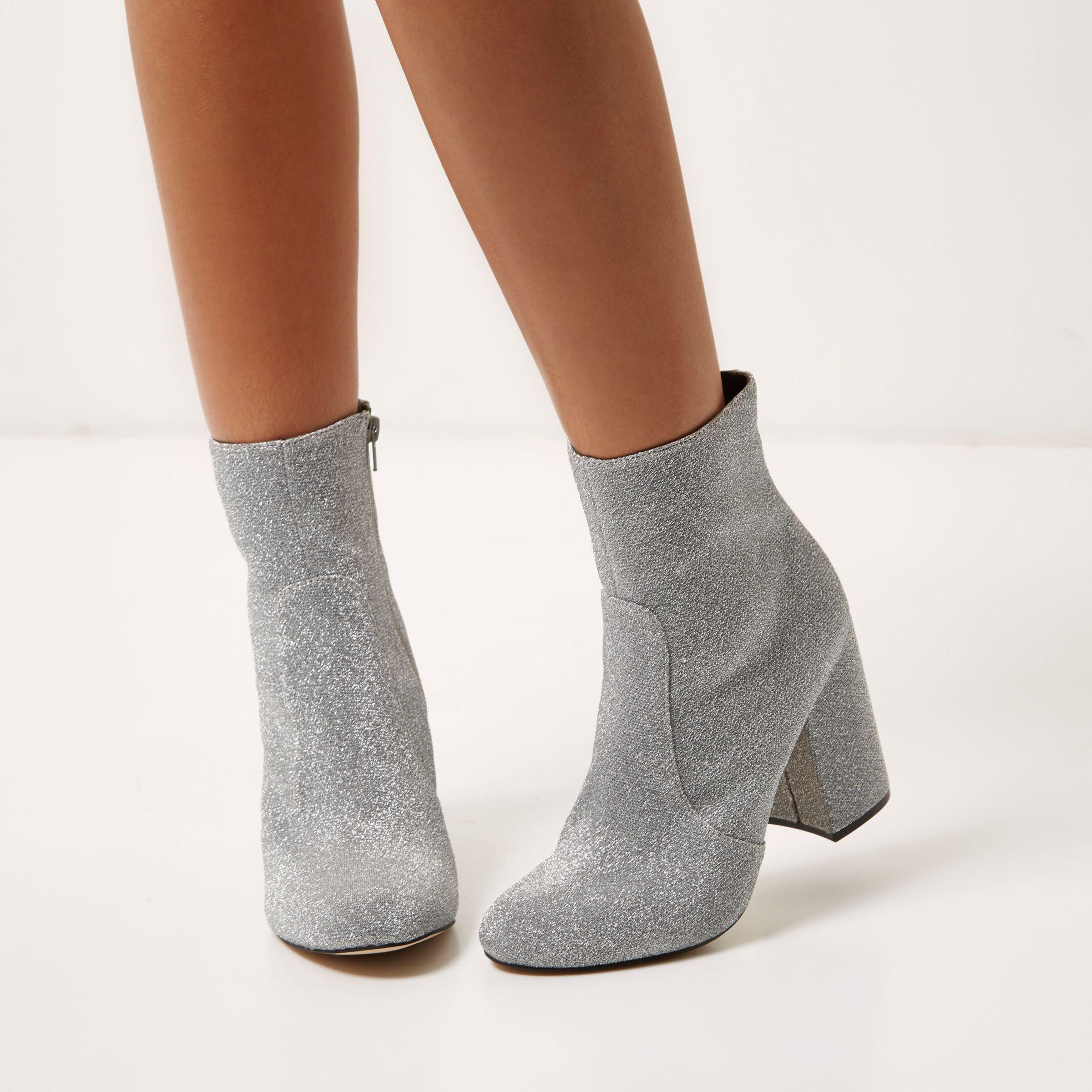 River Island Silver Glitter Block Heel Sock Boots in Gray | Lyst