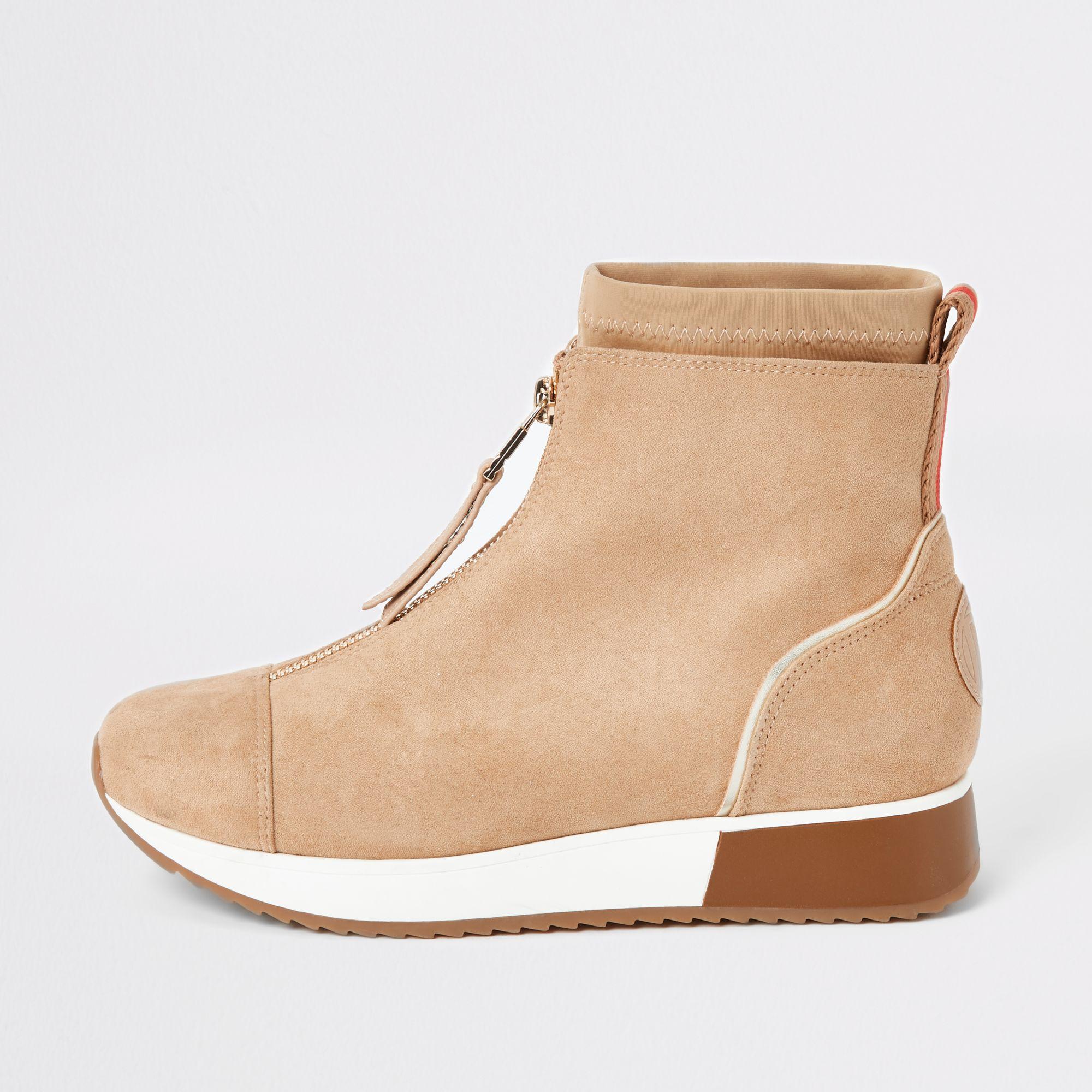 River Island Beige Faux Suede Zip Front Sock Boot Trainers in Natural