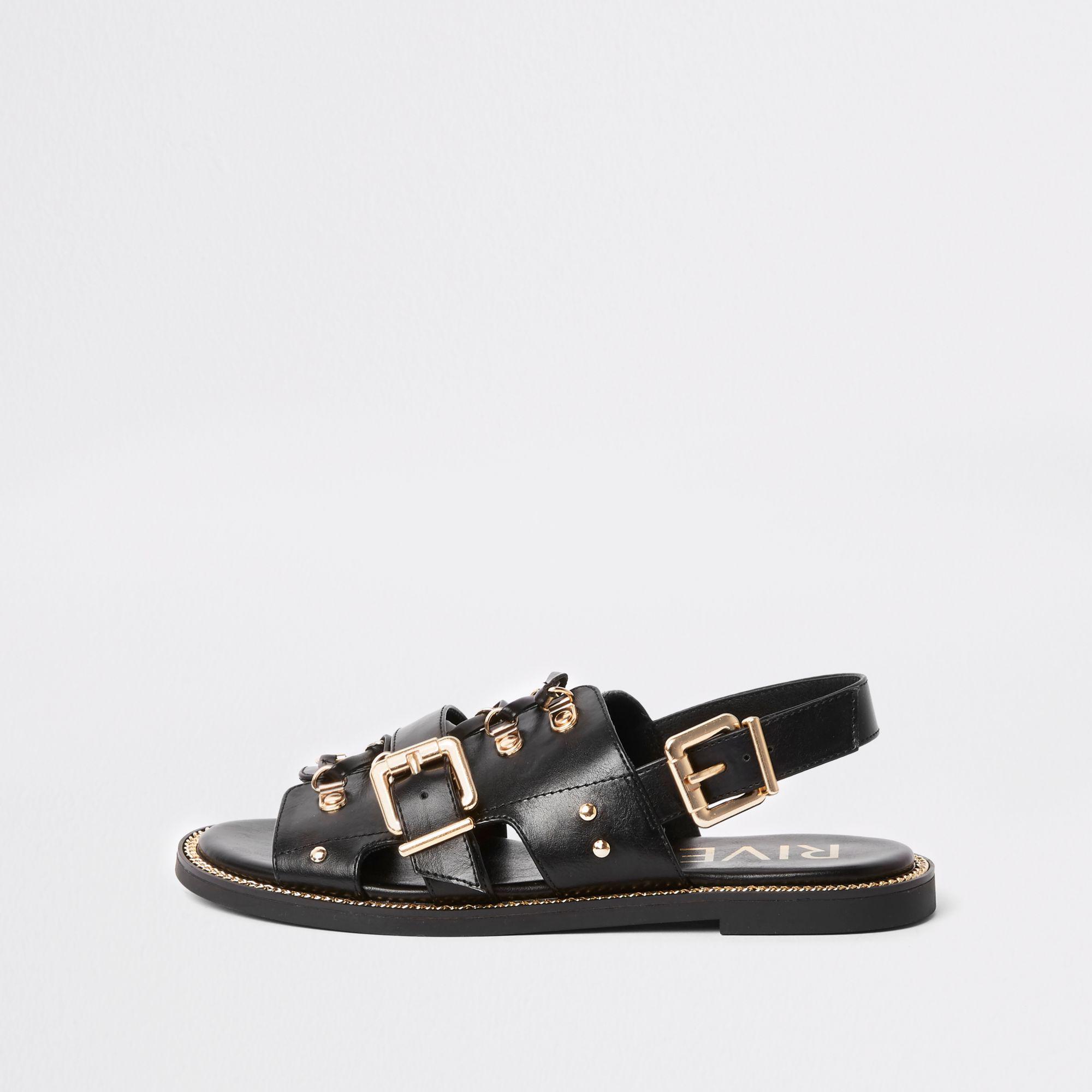 River Island Buckle Strappy Flat Sandals in Black - Lyst
