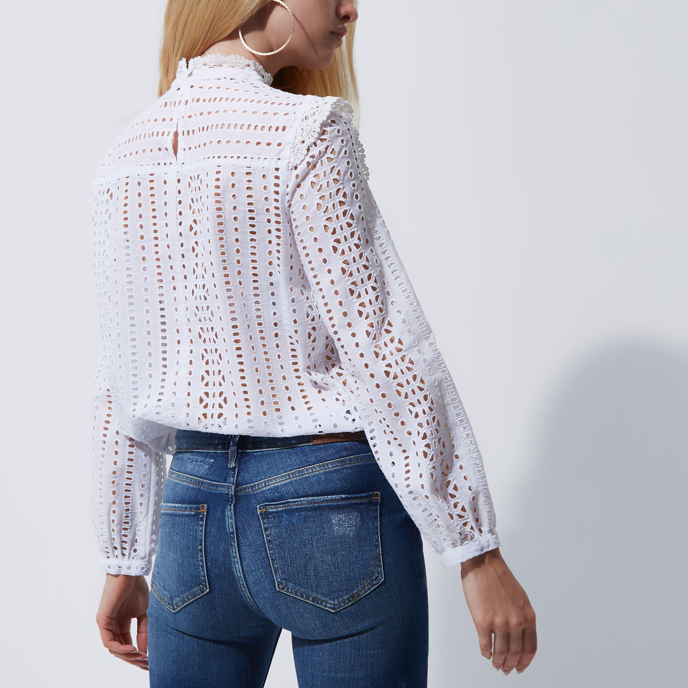 Cotton Broderie High Neck Long Sleeve 