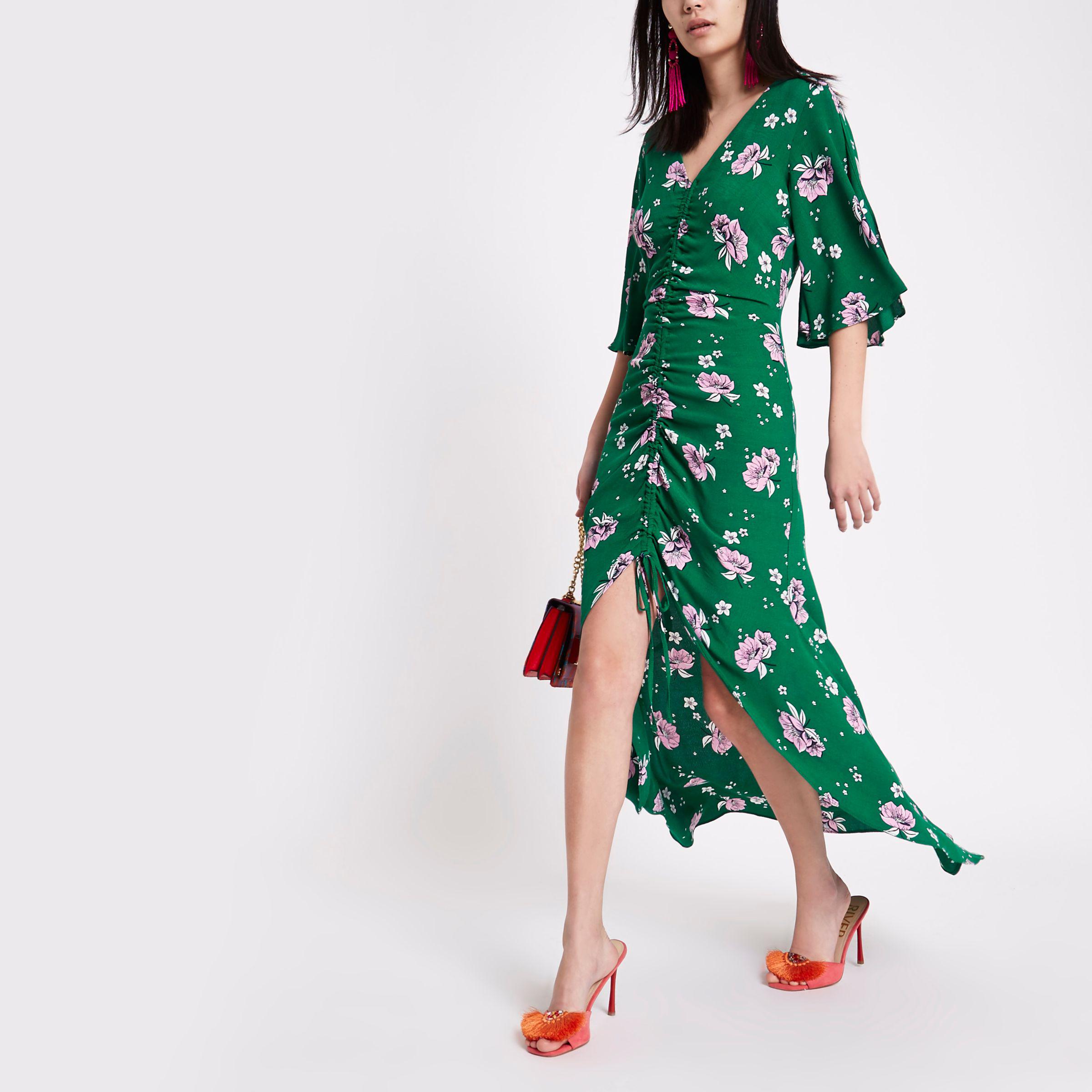 River Island Green Floral Print Ruched Front Maxi Dress | Lyst