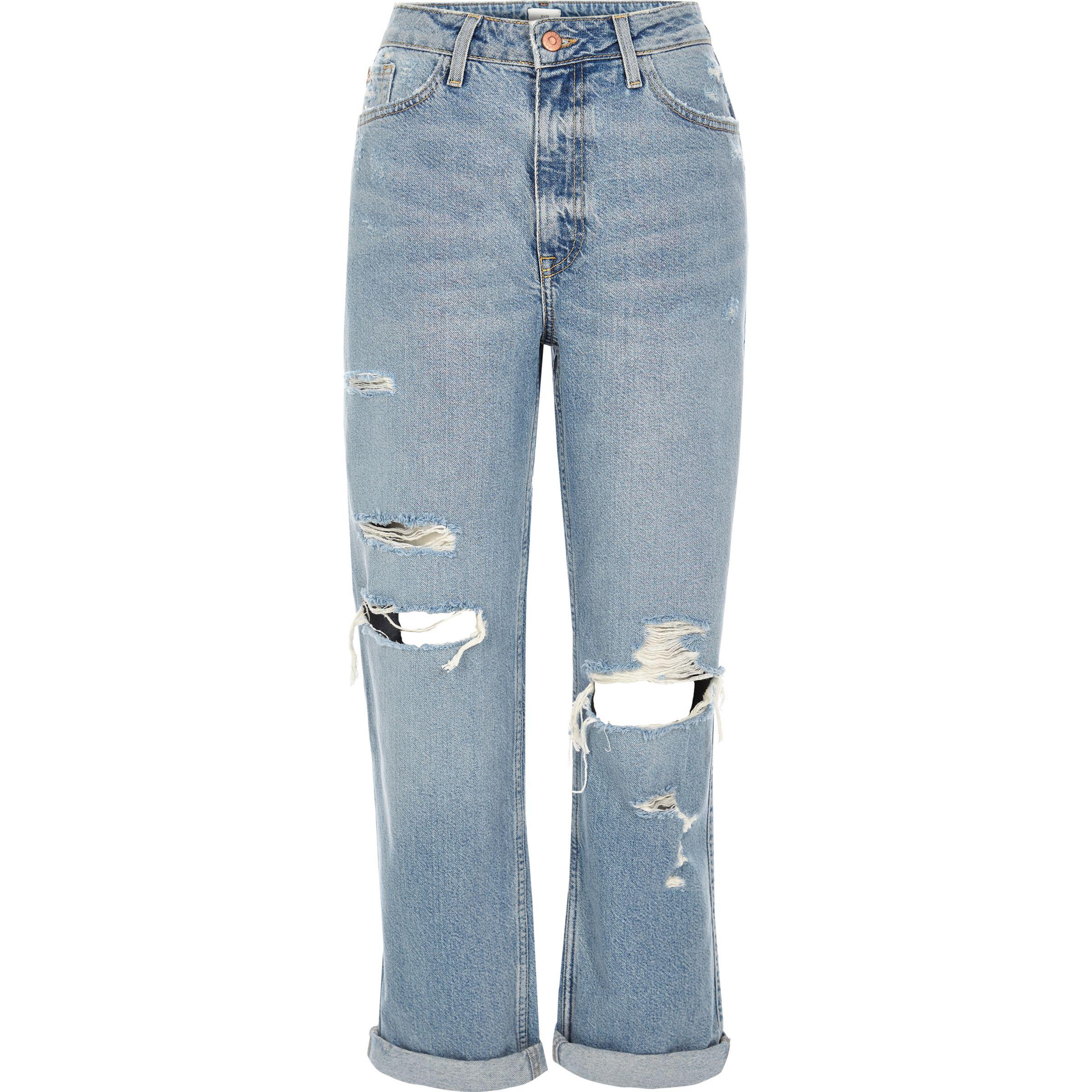 mid blue high rise mom fit ripped jeans