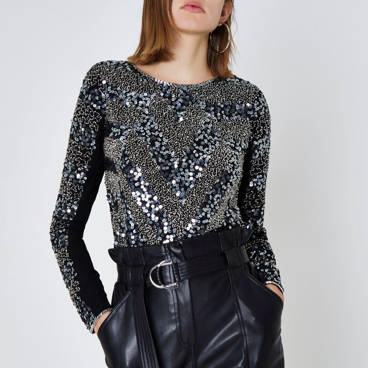 Lyst - River Island Black Sequin Embellished Long Sleeve Top Black ...