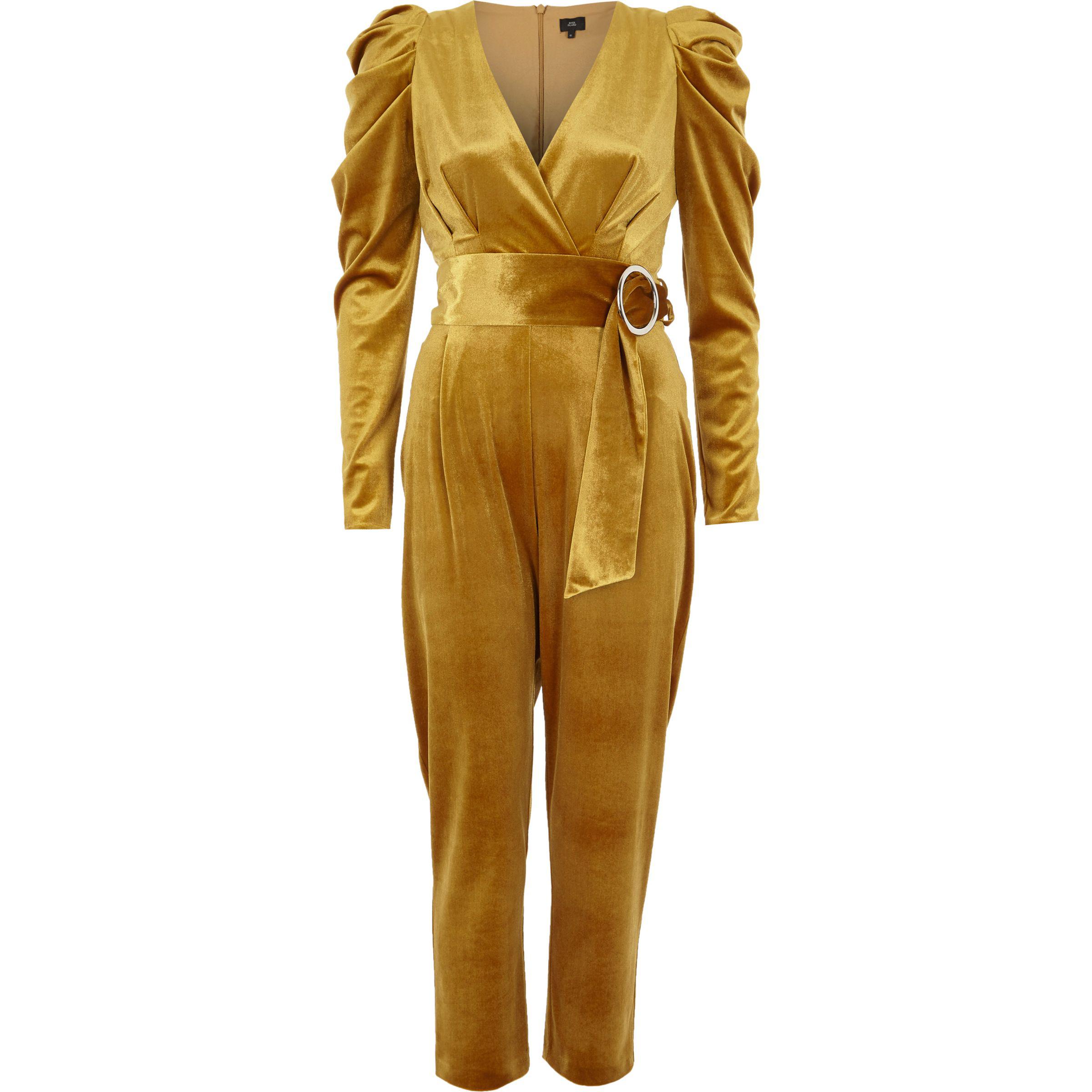 River Island Yellow Velvet Puff Sleeve Belted Jumpsuit | Lyst