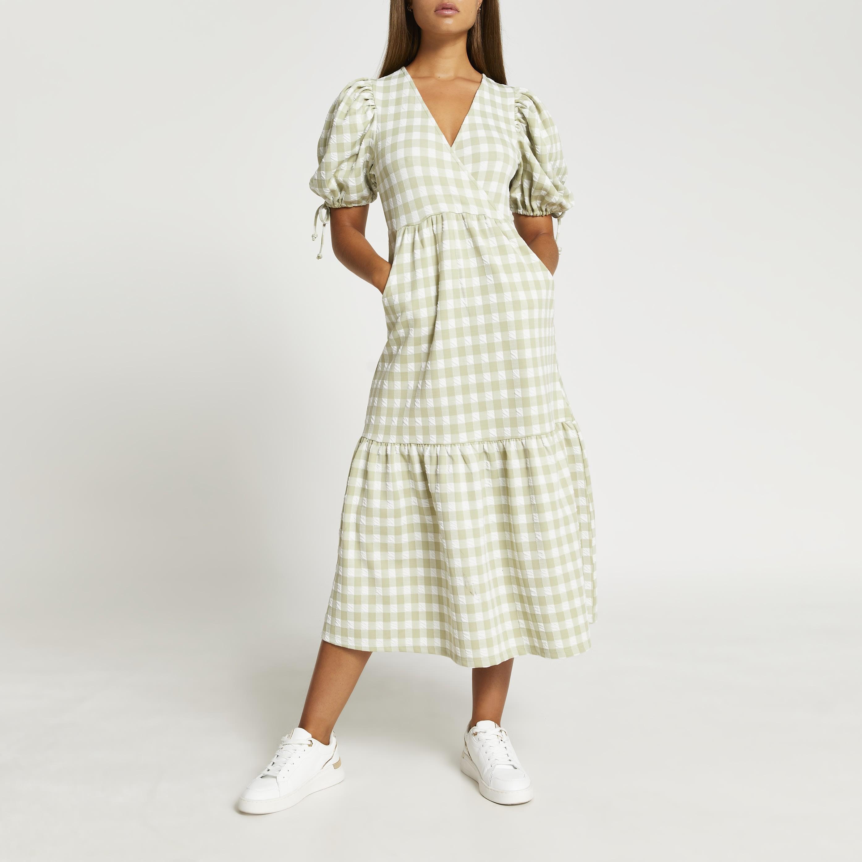 River Island Green Gingham Tie Sleeve Midi Dress | Lyst Australia