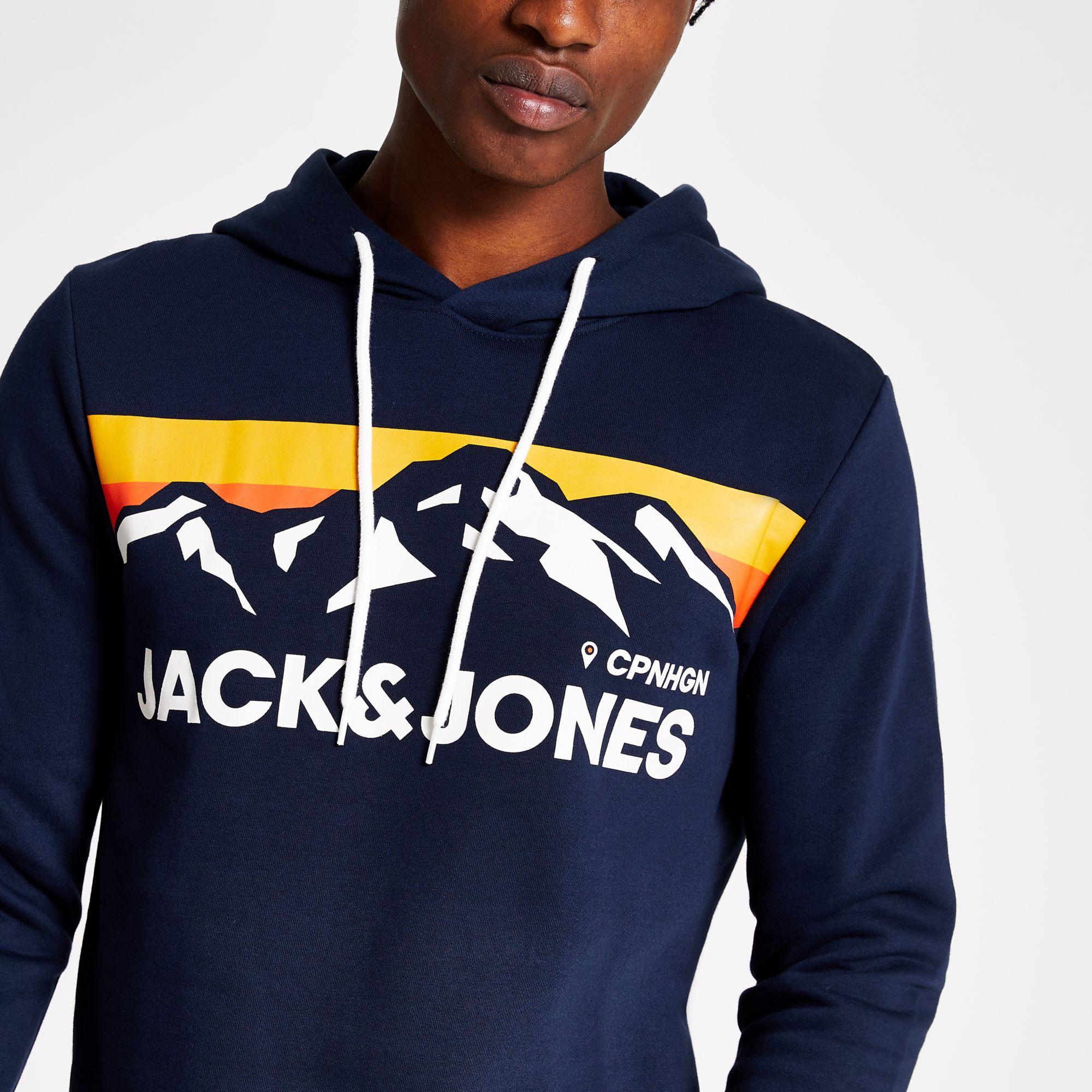Jack & Jones Cotton Jack And Jones Navy Mountain Print Hoodie in Blue for  Men - Lyst